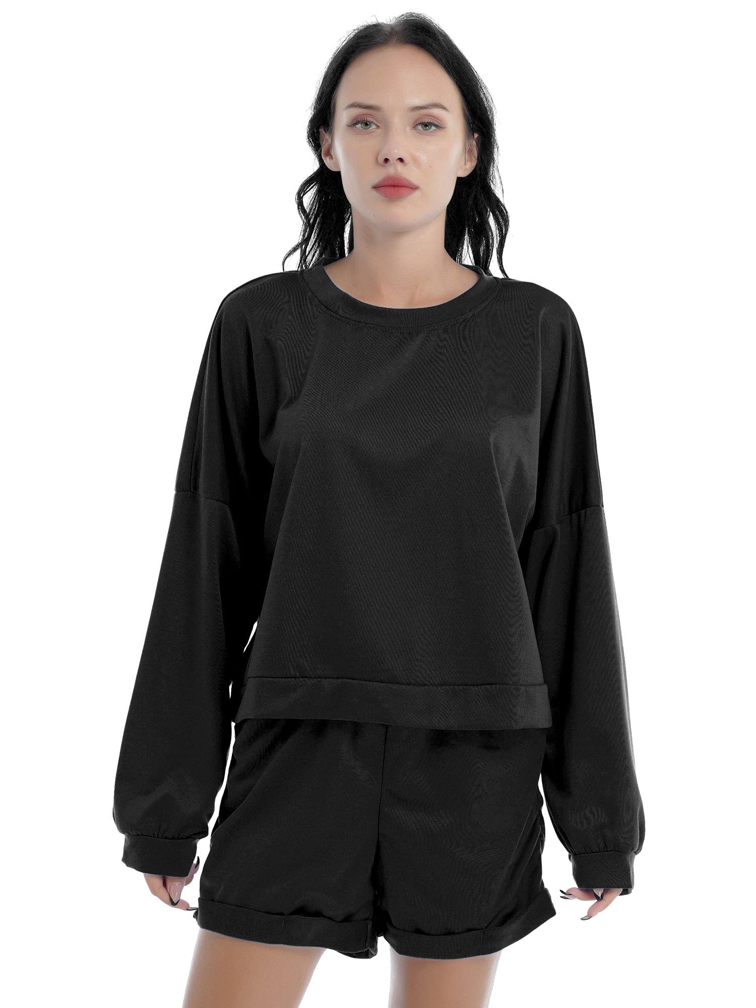 dPois Womens 2Pcs Sweatsuit Sports Gym Workout Dancing Outfit Long Sleeves Sweatshirt Top with Shorts Tracksuit Sets