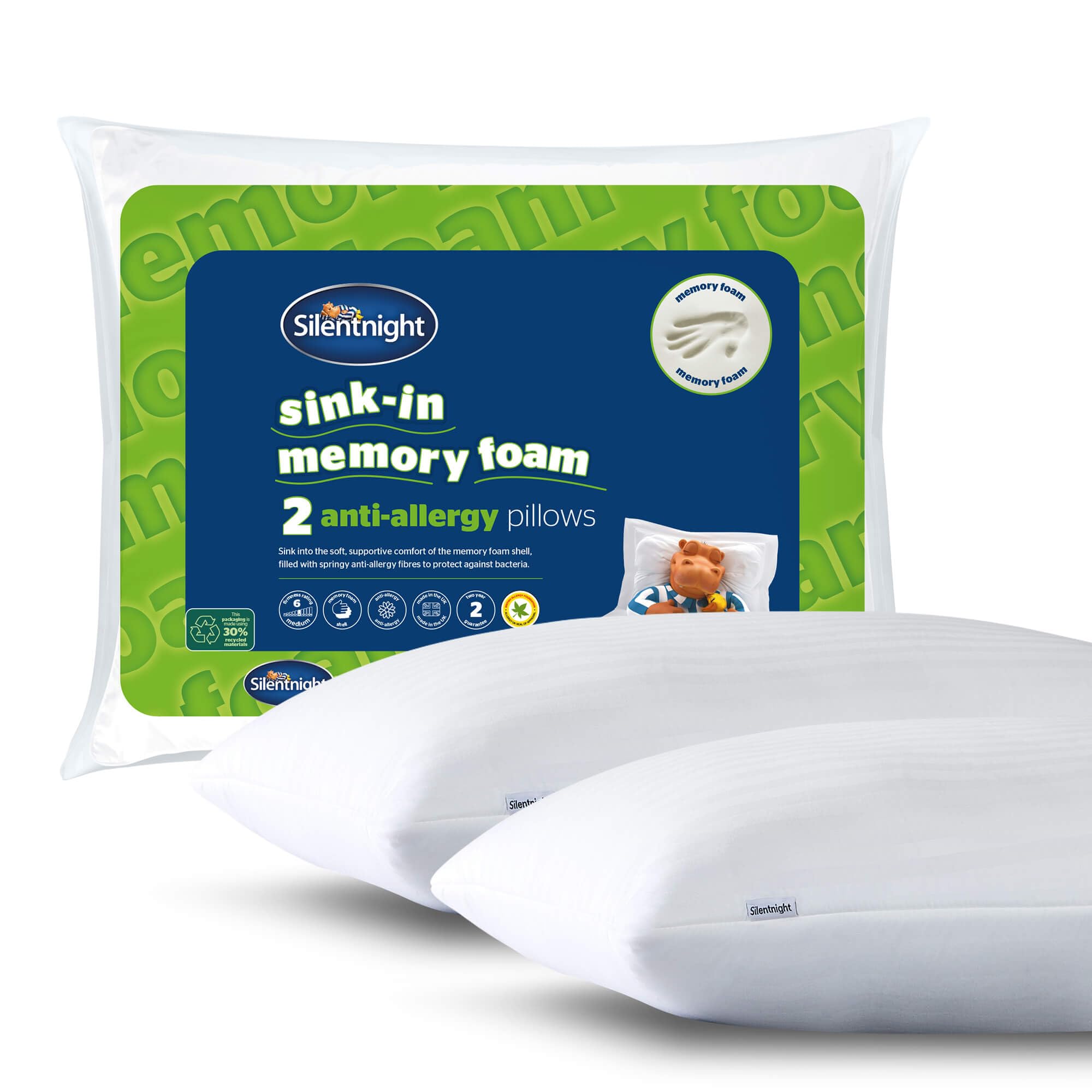 Silentnight Sink-In Anti Allergy Memory Foam Shell Pillow - Filled with Springy Bounceback Fibres for Comfort Support - Ideal for Allergy and Asthma Sufferers - Embossed Cover, Hypoallergenic, 2 Pack