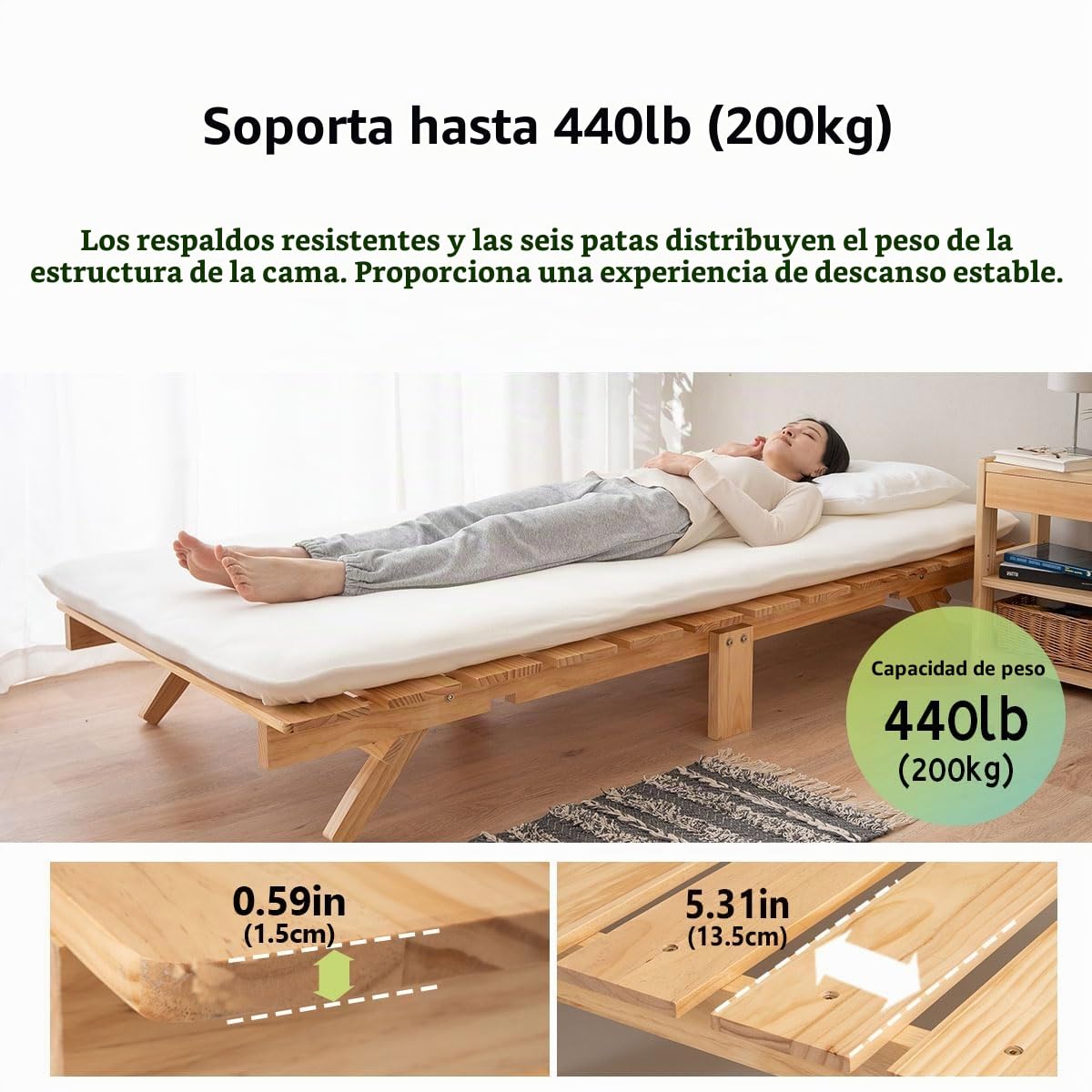 EMOOR Cama Estructura Plegable OSMOS 65 x 180 cm Madera Maciza de Pino (Earth-Natural), Fácil Montar Ahorra Espacio Guardable Tatami