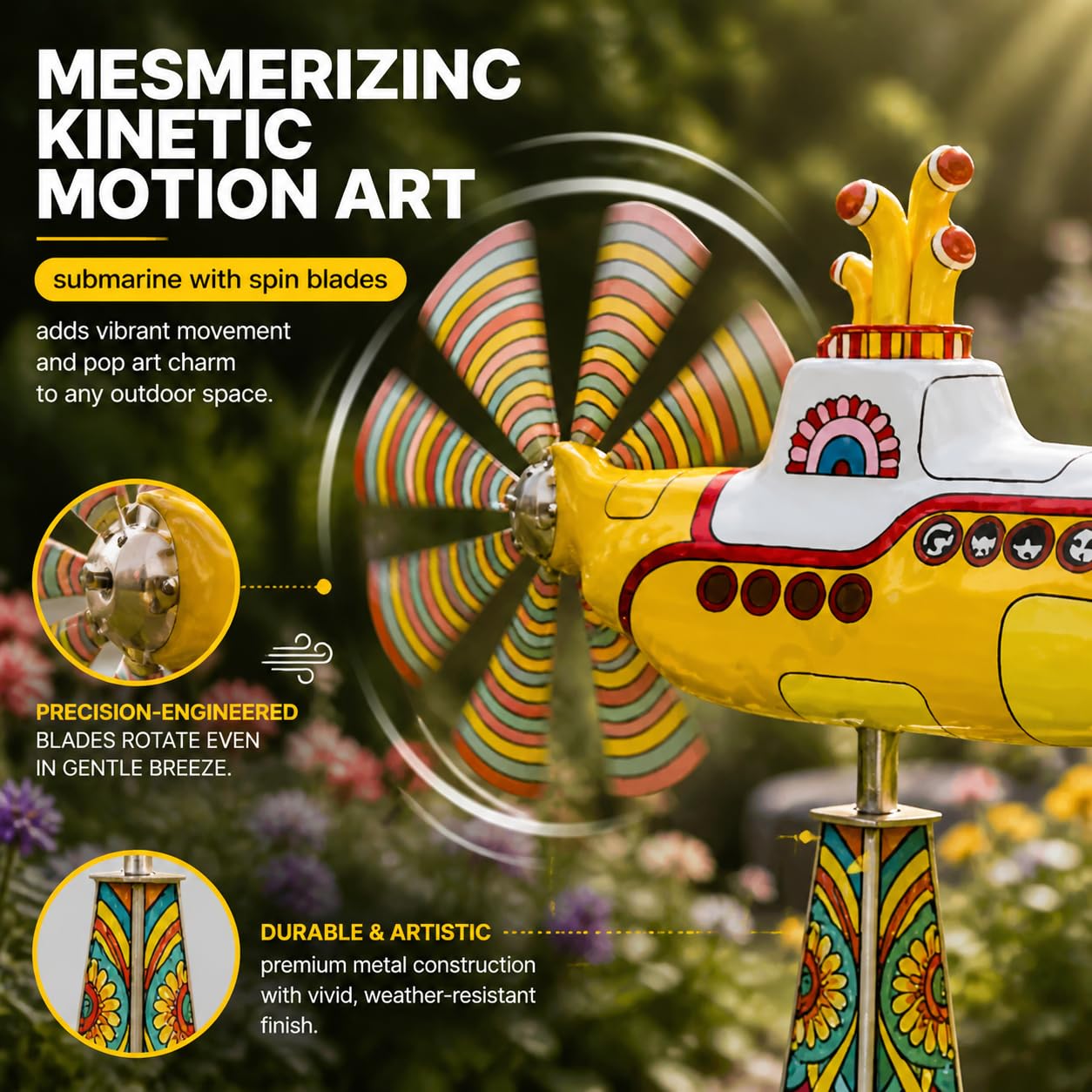 Moulin à vent sous-marin jaune - Décoration de jardin d'extérieur - Moulin à vent cinétique en métal robuste avec lames rotatives - Résistant aux UV - Pour terrasse, porche, maison et jardins
