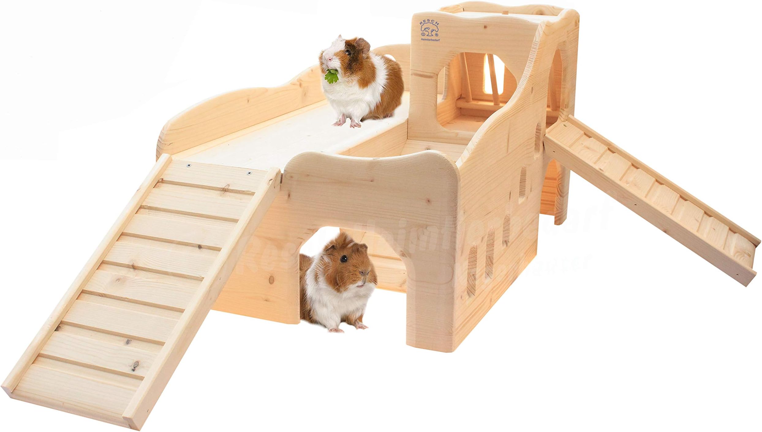 Resch No34 Guinea Pig "Adventure Castle" Natural solid wood made of spruce / with a Hay Rack in the Tower, two large entrances on the ground floor and two stairs leading to the castle