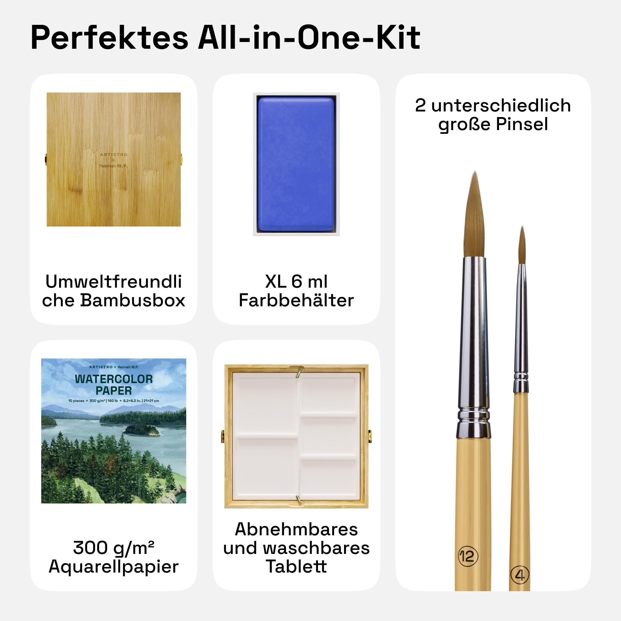 Artistro x HANNAH M.P Aquarellfarben-Set, limitierte Auflage, 24 Farben in Bambus-Holzbox (6 ml XL-Pfannen) – 2 Pinsel, Aquarellpapier, Mischtablett – Reise-Aquarell-Set für Anfänger und Profis