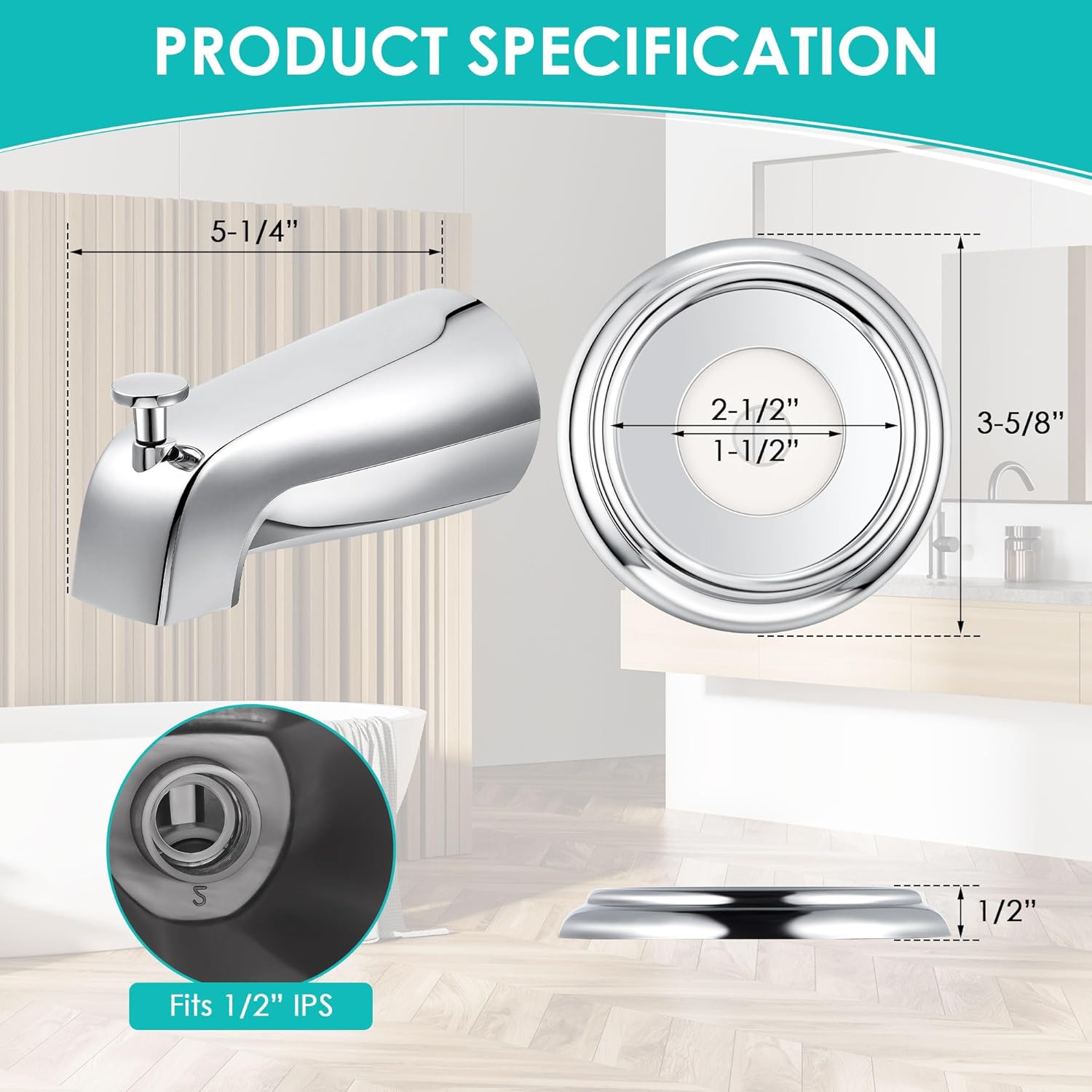 Universal Bathroom Tub Spout with Metal Tub Spout Cover Ring, 5 1/4 Inches Reach Wall Front Mount Faucet with Shower Diverter 1/2" IPS Inside Thread(Chrome)