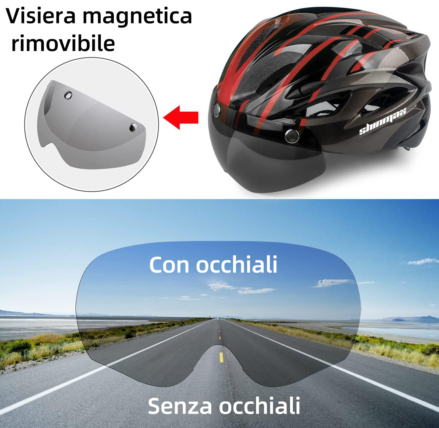 Shinmax Casco Bici Uomo Donna con Luce di LED Casco MTB con Visiera Magnetica Staccabile Shield Caschi Bici Leggero Casco da Bicicletta Unisex Adulto Caschetto Bici Ciclismo Regolabile 56-62cm