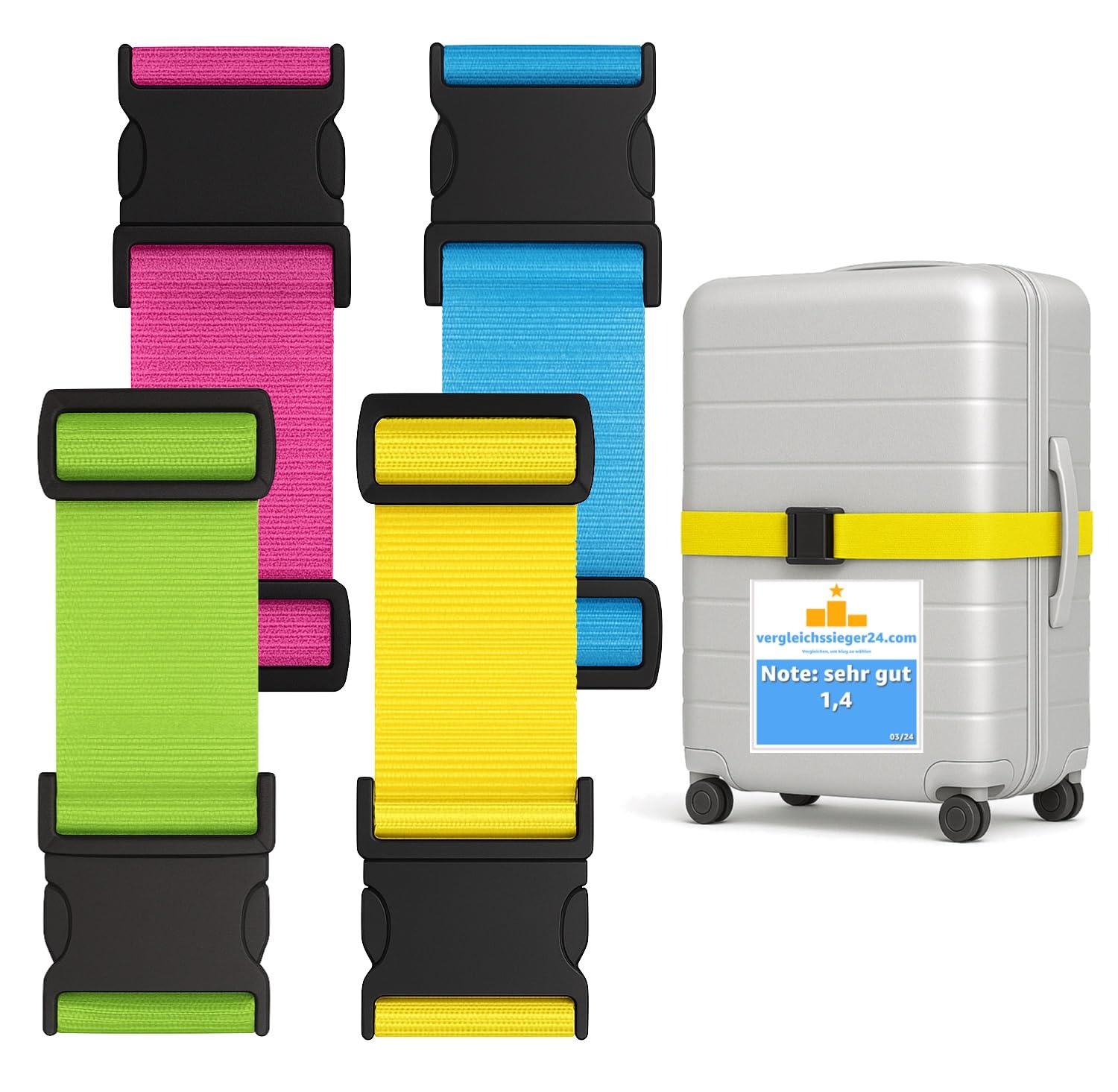 4X Stück Kofferband Set farbig - Koffergurt besonders auffällig - Gurtband für Koffer & Gepäck - Luggage Strape