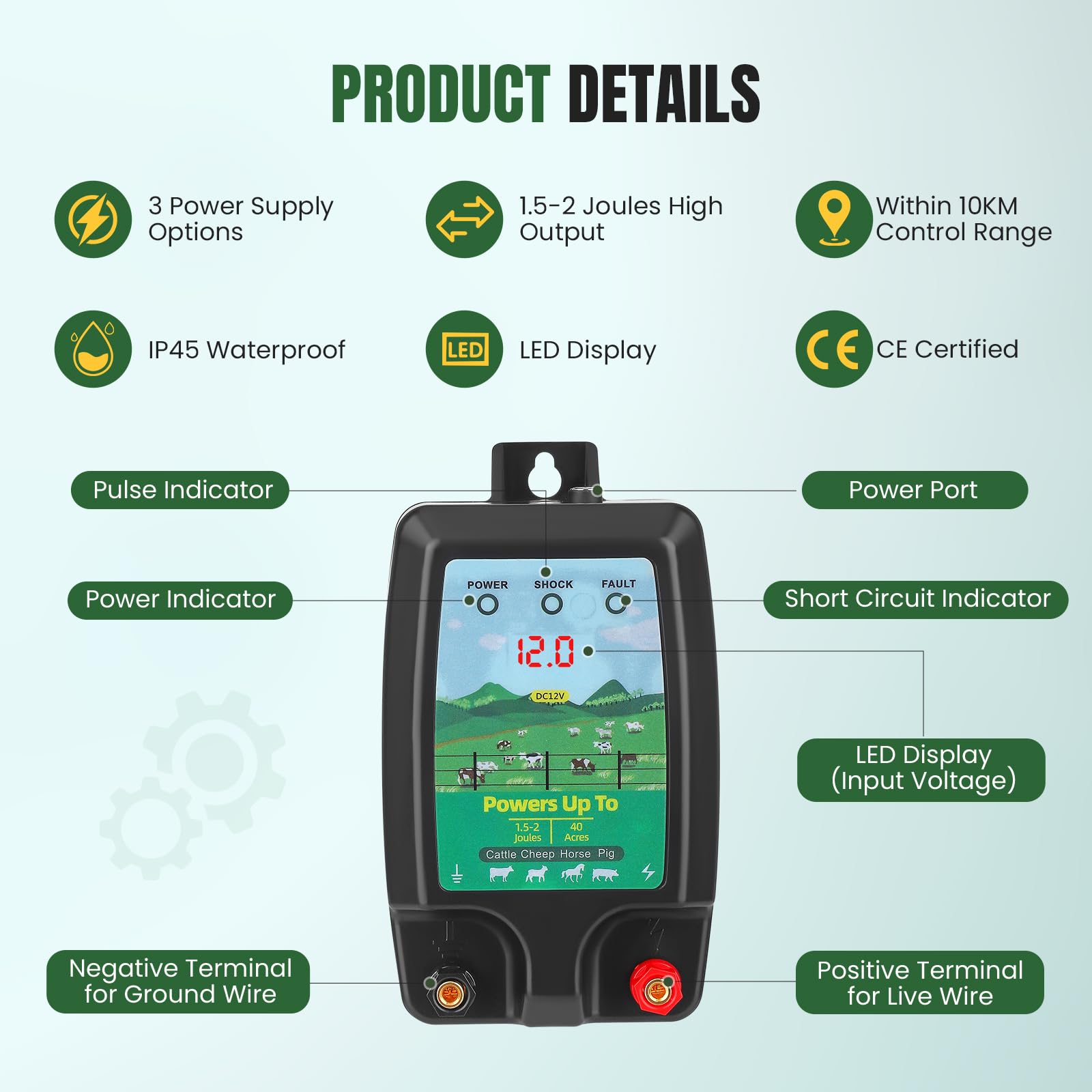 Energizador de Cerca eléctrica GJCrafts, Alcance de 10 km, 1,5-2 J - Energizador de Cerca eléctrica para Ganado y Mascotas - Triple alimentación (230 V/12 V/Solar) - Resistente al Agua IP45 - Incluye