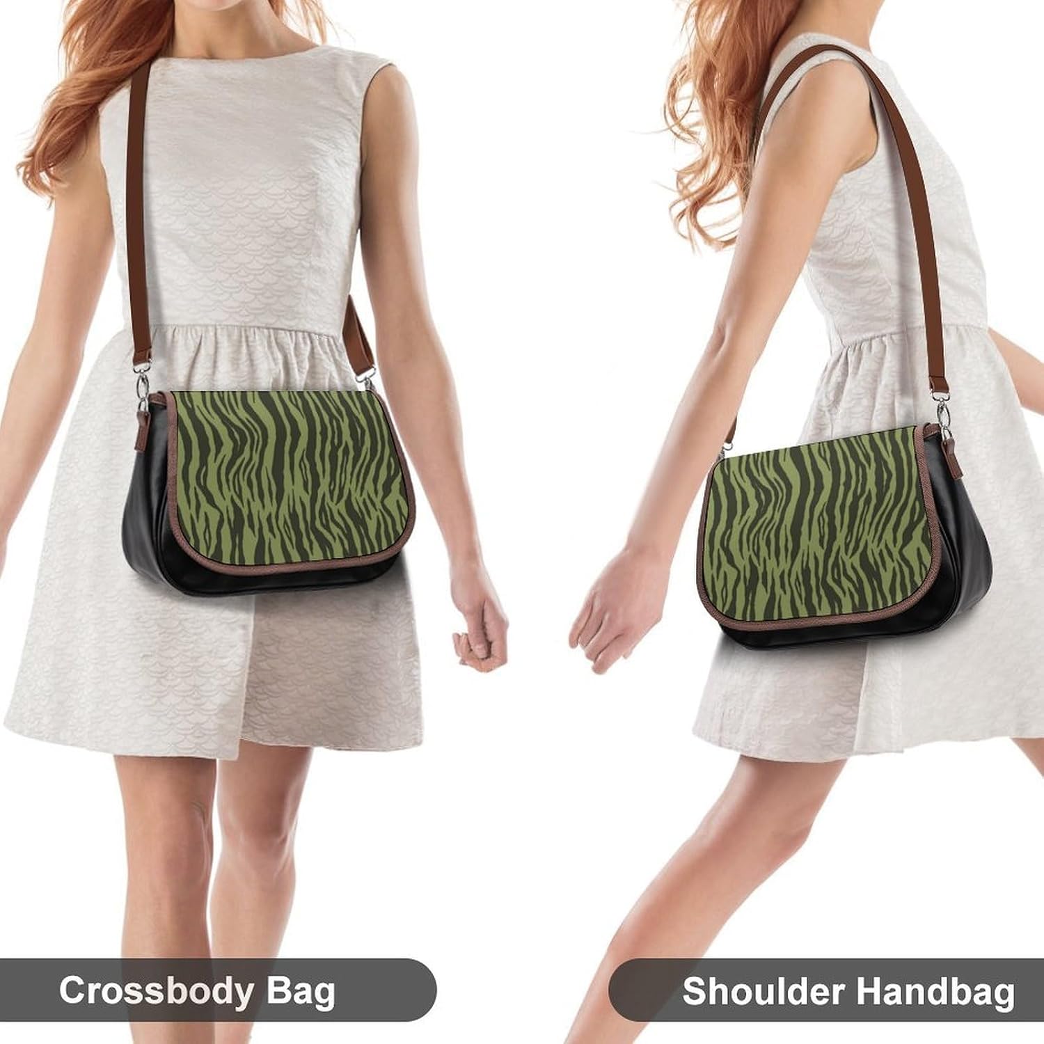 Moss Green Tiger Stripes Animal PrintWomen's Faux Leather Crossbody Bag, Waterproof Wrinkle-Resistant Shoulder Bag with Detachable Strap, Large Capacity Casual Handbag, Fashion Daily Purse for Shoppin