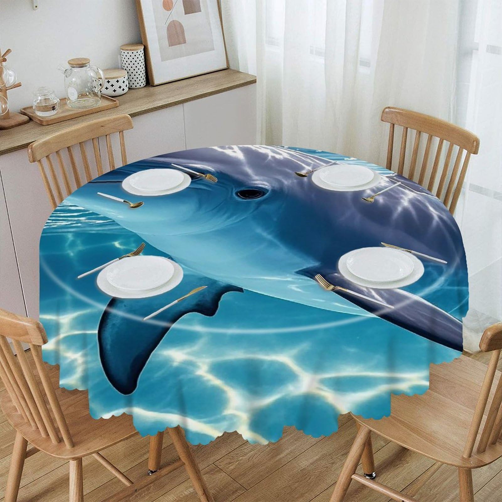 VstaDank Cool Dolphin Round Tablecloth Wipeable Round Polyester Tablecloth Waterproof Wrinkle Free Indoor and Outdoor Table Cover 60 Inch Decorative Farmhouse Table Cloth for Dining