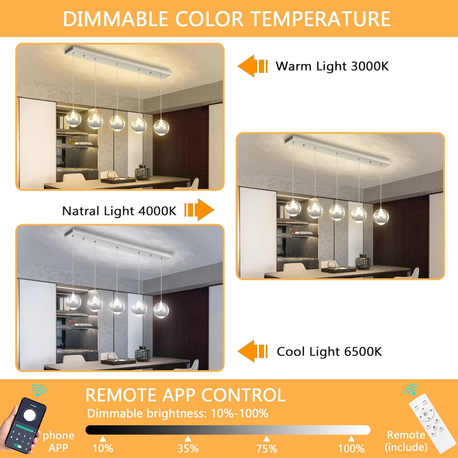 L32 x H78 Rectangular Chandeliers for Dining Room with LED Dimmable Lights Remote Control Chandeliers for Kitchen Island Modern Silver Globe Lighting Fixtures