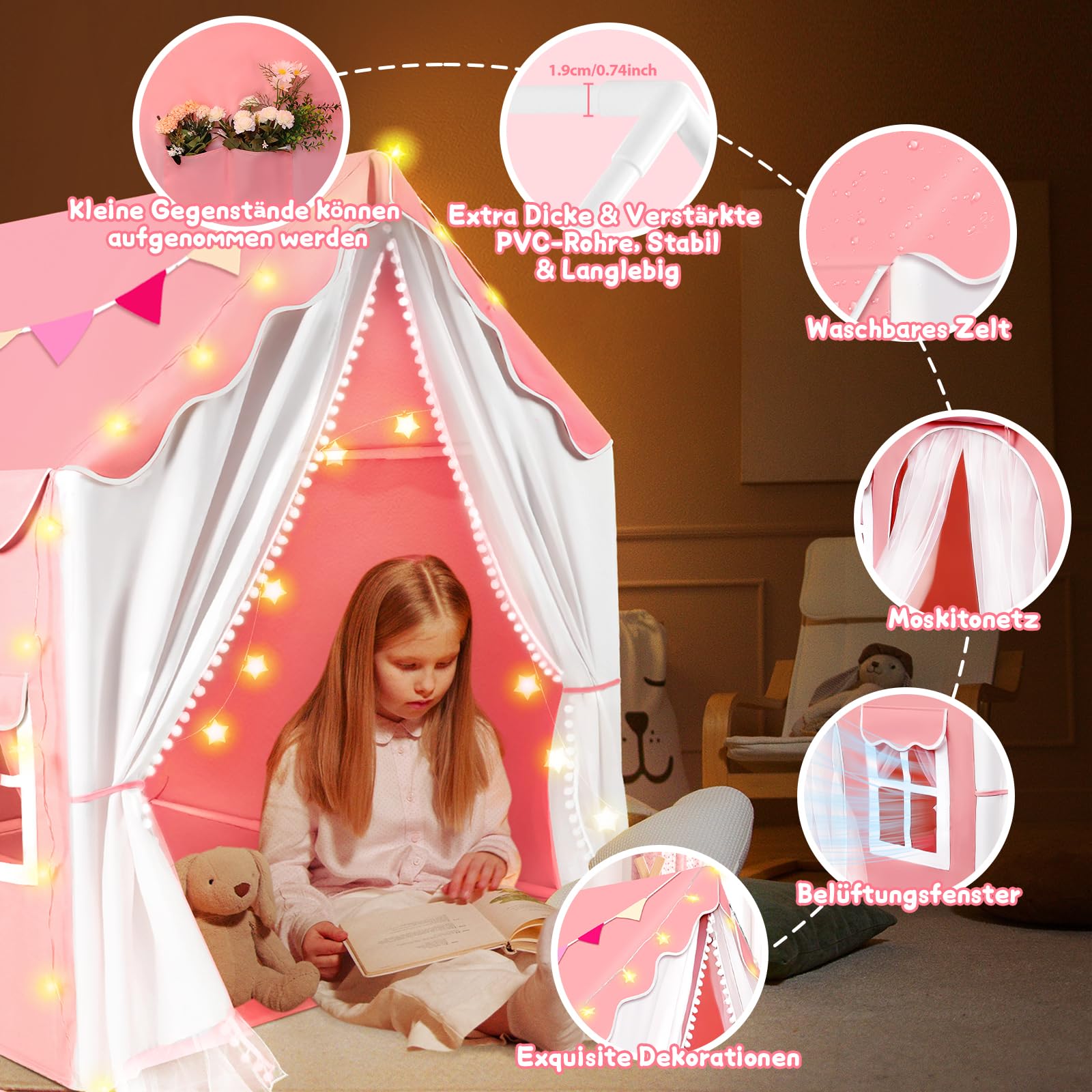 Herenear Kinderzelt mit 2 Eingängen, Spielzelt Kinder Indoor mit Lichtern und Zeltunterlage, Spielhaus Kinderhaus Innenbettzelt, Zelt Kinderzimmer Dekor für Kleinkinder (Rosa)