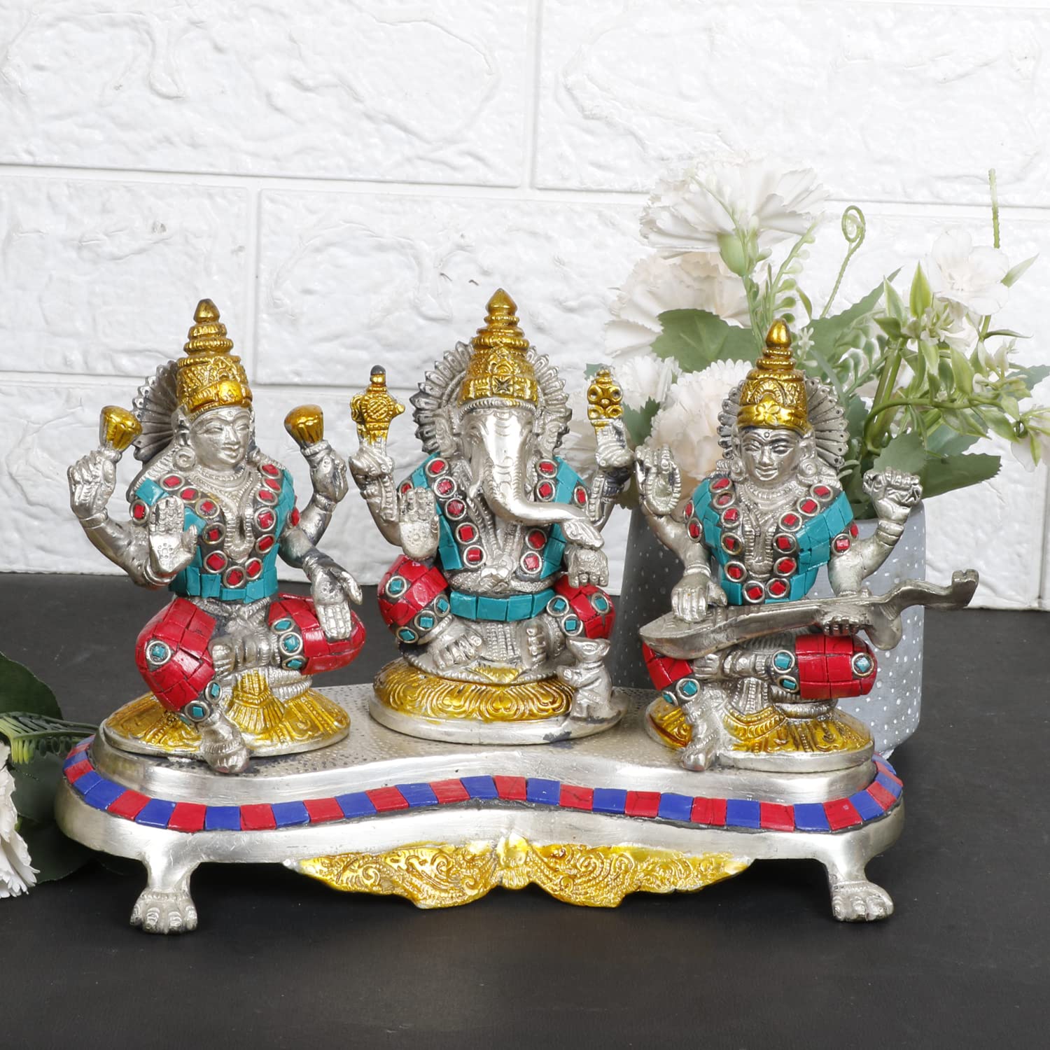 Statue Laxmi Ganesha Saraswati laiton pour éliminer les blocages du bureau