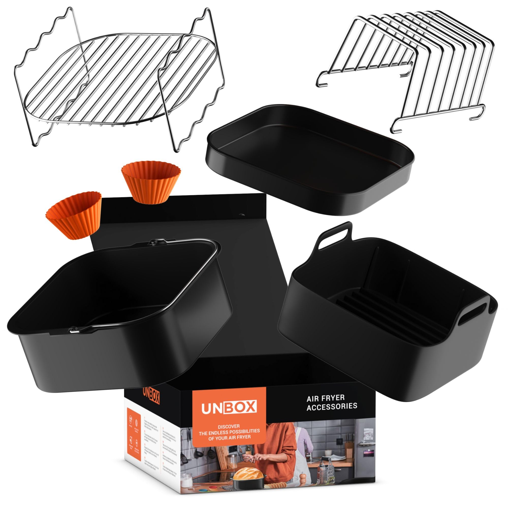 Accesorios Freidora Aire Cuadrada compatible con Cecotec, Cosori, Philips | Compatibilidad universal 5.5-7.5L, Silicona LFGB, sin BPA, apta lavavajillas. Incluye moldes y rejilla para grill