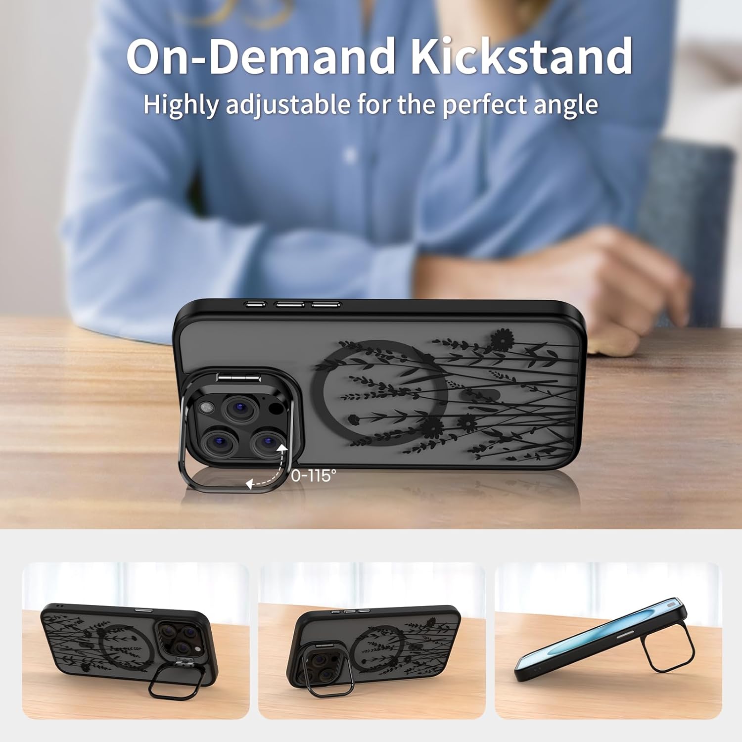 OAOA Magnetic Case Designed for iPhone 16 Pro with Kickstand, Compatible with Magsafe, Built in Camera Stash Stand, Anti-Fall Military Protection TPU Case for Women, Wild Flower - Image 2