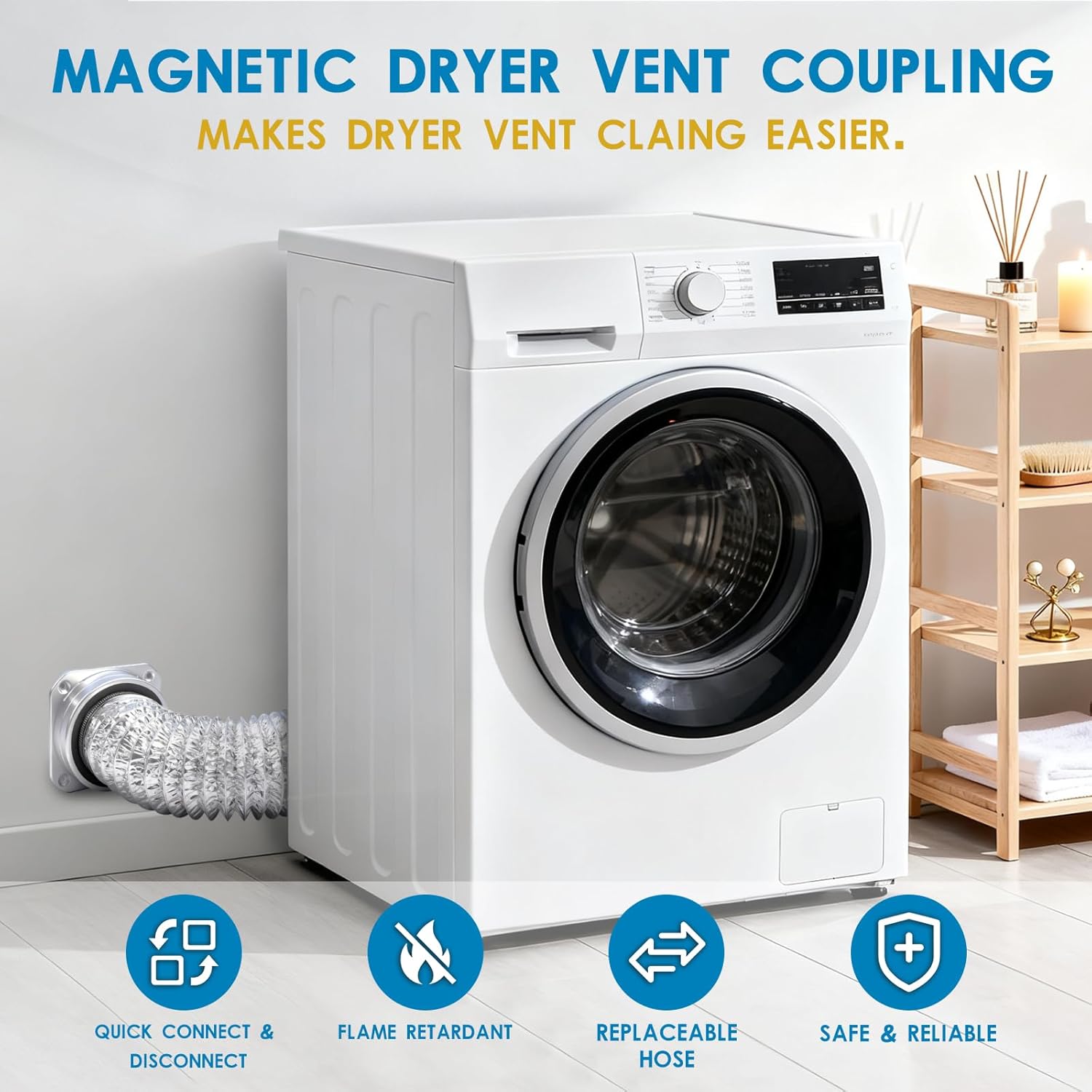 Magnetic Dryer Vent Coupling, Self-Connecting with Strong Magnetic Force, Easy to Install. Magnetic Dryer Vent Connection Kit, Comes with Clips and Screws (Silver)