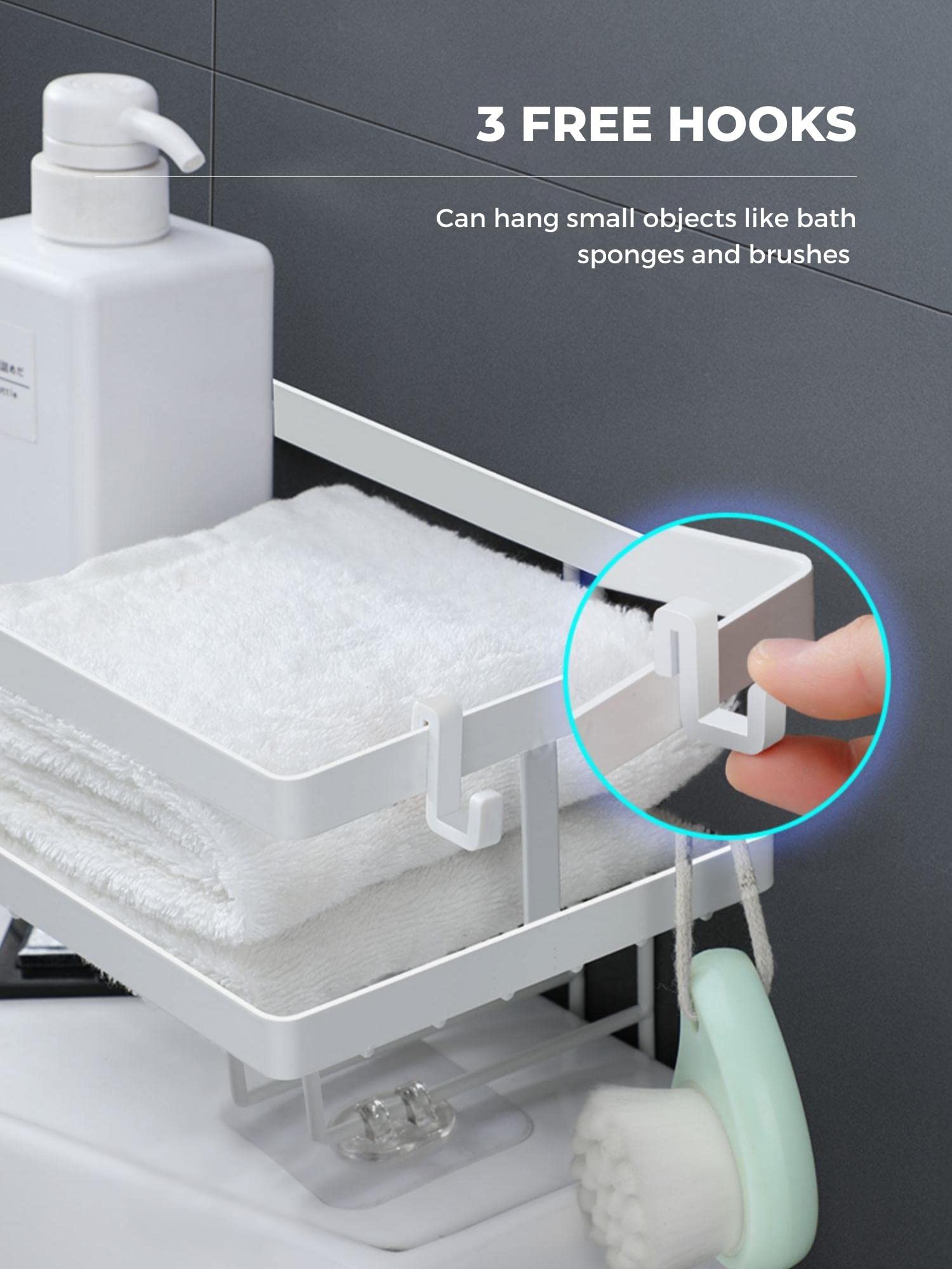 Estantería de Baño sobre el Inodoro. Organizador sobre el WC de Base Adhesiva con Tres Ganchos para Colgar Esponjas o Cepillos. Balda de Inodoro para Almacenar Papel Higiénico y Accesorios de Baño.