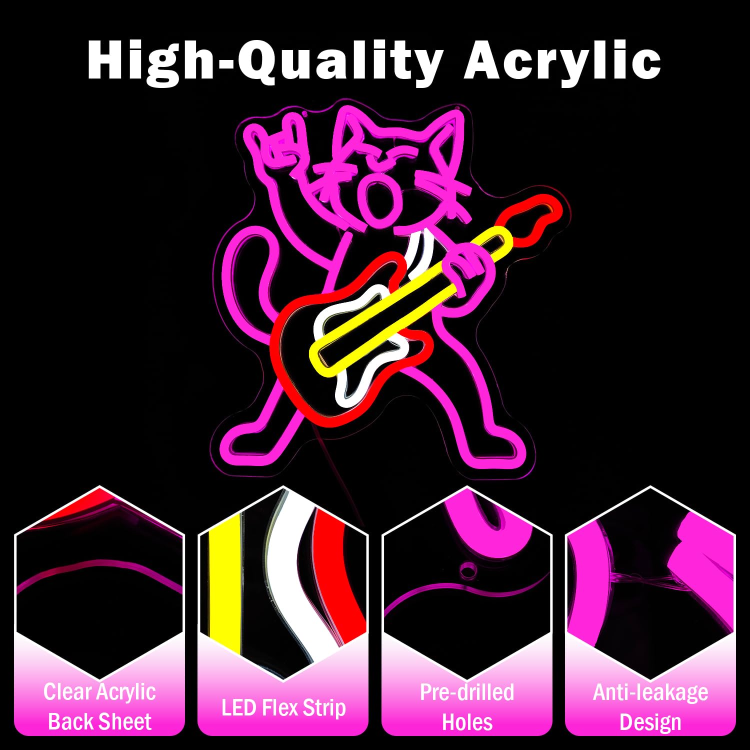 Insegne al neon per chitarra a forma di gatto per decorazione da parete dimmerabile Rock & Roll Kitty Luci al neon USB Gatto che suona la chitarra Segno Led Musica Gatti Decorazione da