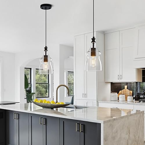 Miniatura 3 de Luces colgantes modernas de cristal para isla de cocina, lámpara colgante negra con pantalla de vidrio transparente de 5.11 pulgadas, iluminación