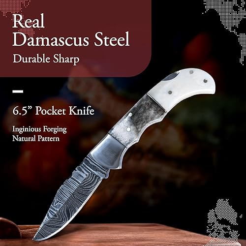 Miniatura 3 de Morf Steelware - Cuchillo de bolsillo de acero de Damasco hecho a mano, cuchillo de bolsillo pequeño para exteriores, campamento, senderismo, hoja