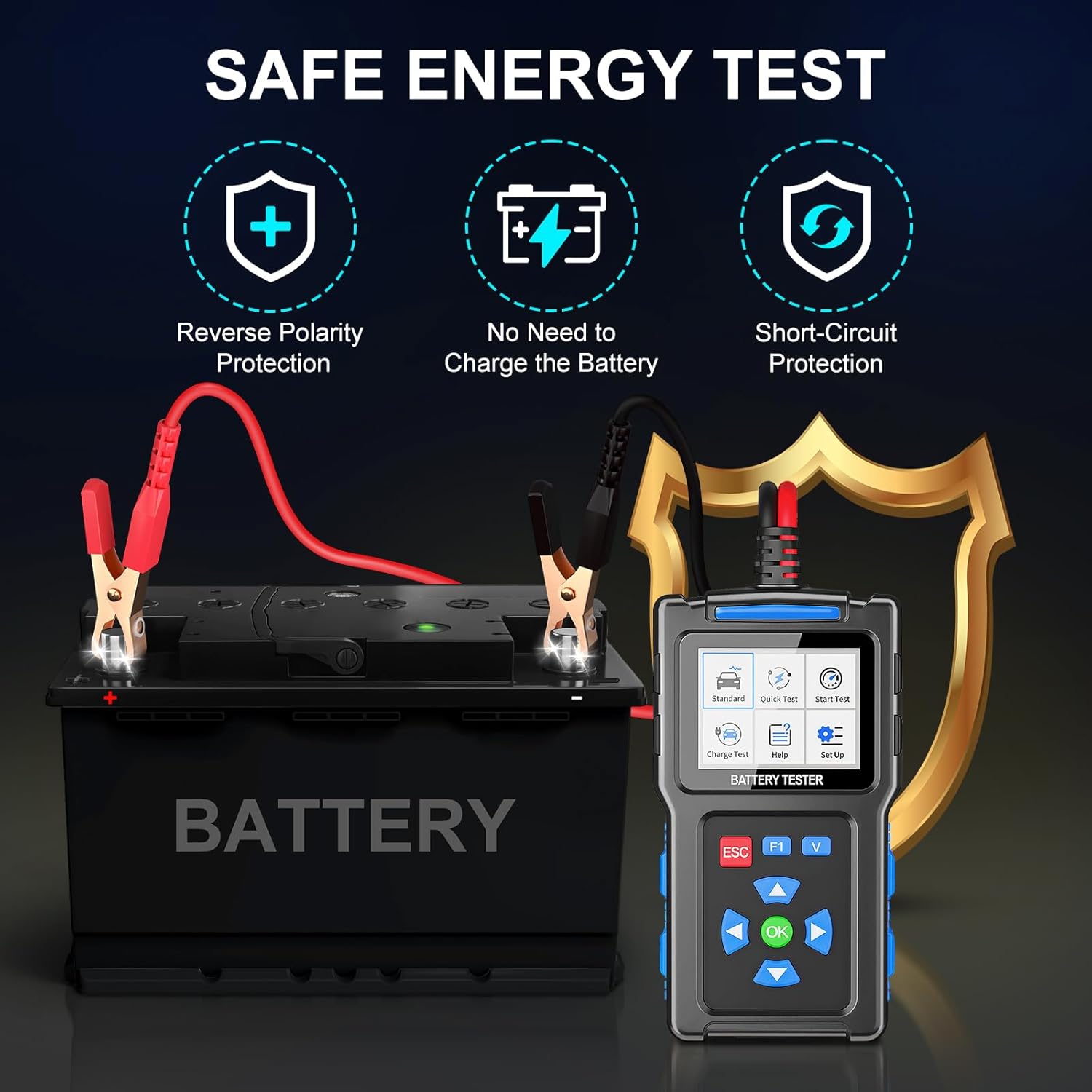 Diagram illustrating safe energy test features: Reverse Polarity Protection, No Need to Charge the Battery, and Short-Circuit Protection.