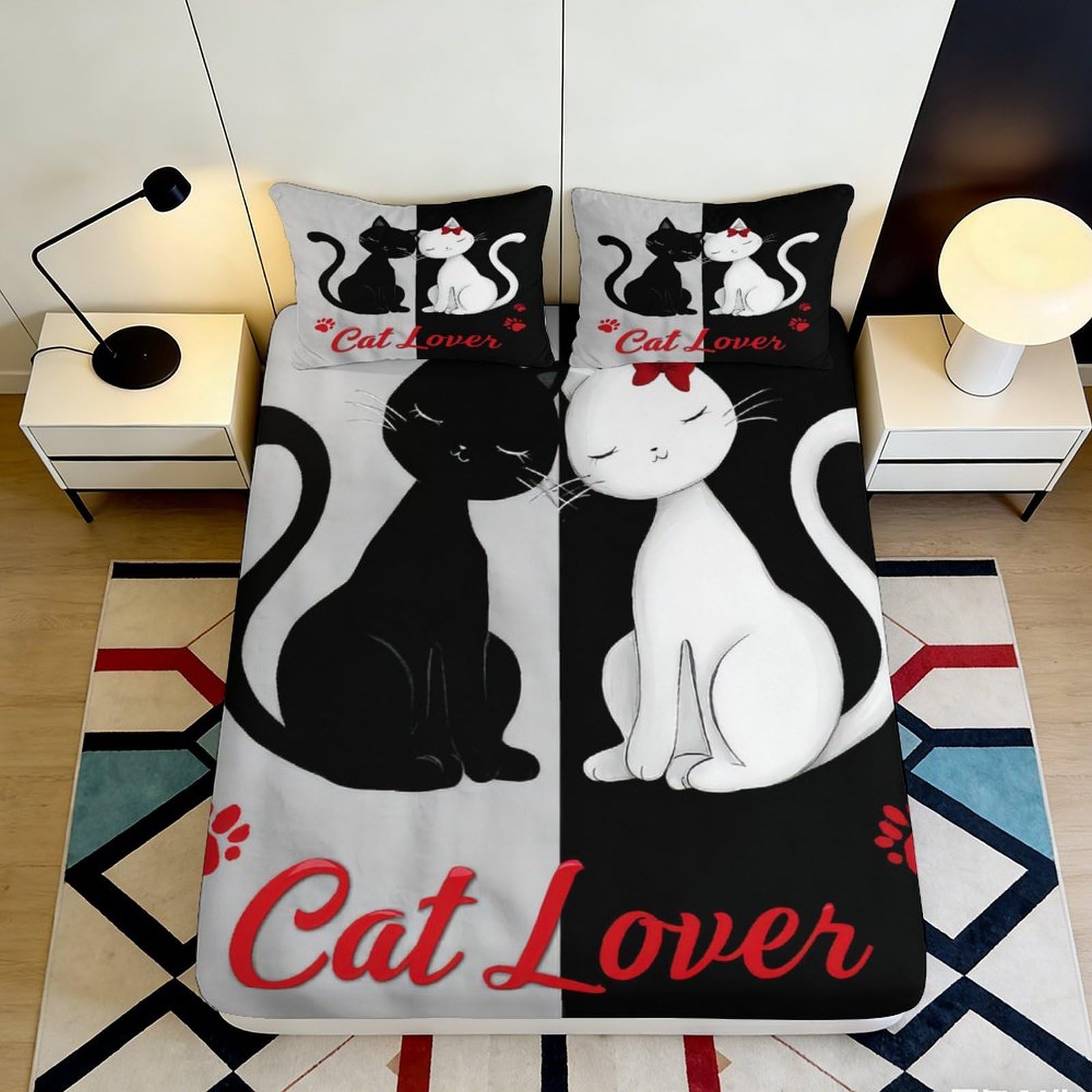3D Printed Cat Pattern Fitted Sheet Microfiber Deep Pocket Non-Slip Elastic Hem Cat Mattress Fitted Cover for Bedroom 140x200x25cm