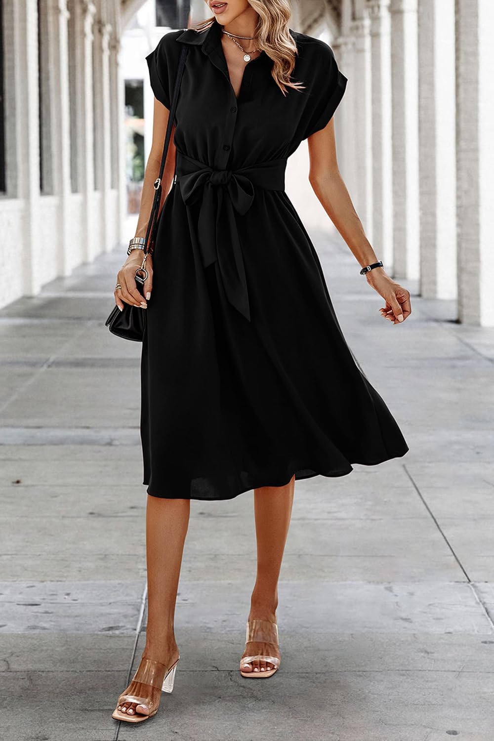 ECOWISH Womens Casual Midi Dresses Solid V Neck Short Sleeve Button Shirt Belted Dress with Pockets for Spring Summer 2026