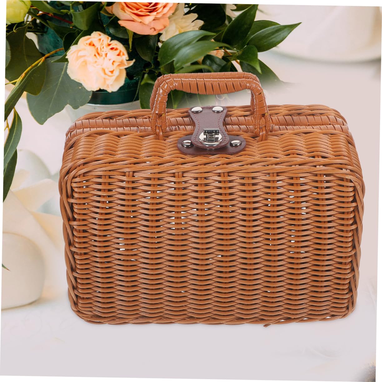 Valigia Vintage Manico, Scatola Portaoggetti Intrecciata Piccola | Finta Pelle e Plastico, Capienza Ampia, Chiusura Blocco, Stile Simulato Rattan