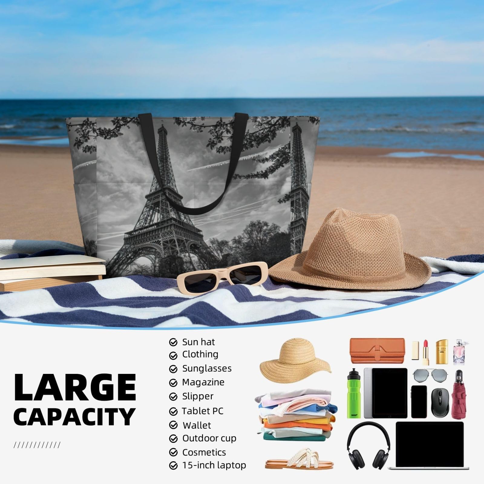 Wieża Eiffla Wzór Moda Torba Plażowa Torba Dla Dorosłych Torba Plażowa Torby Na Ramię Z Dużymi Pojemnikami Na Plażę