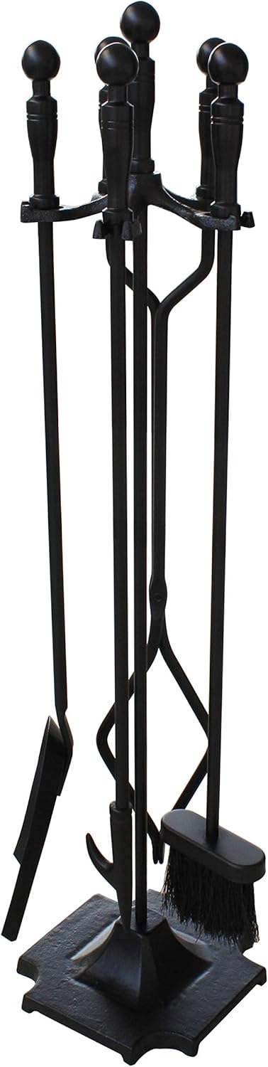 5 Pieces Fireplace Tools Tool Set Wrought Iron Fireset Firepit Fire Place Pit Poker Wood Stove Log Tongs Holder Tools Kit Sets with Handles Modern Black