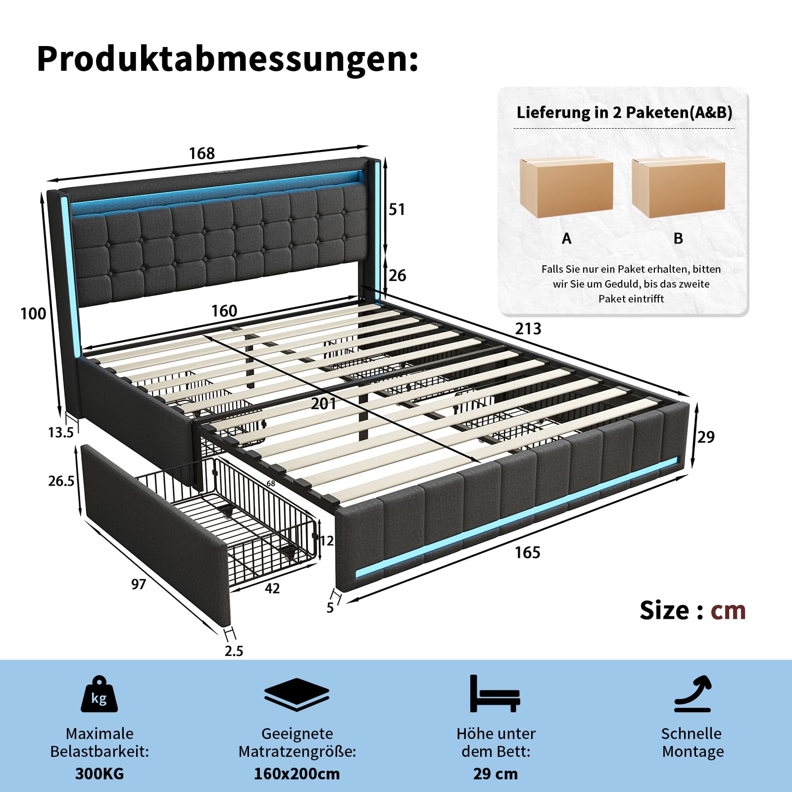 Letto Cassettone 160x200 con 4 Cassetti, Letto Matrimoniale 160x200 con LED e USB, Letti Matrimoniali Imbottiti con TestieraLetto Imbottito Matrimoniale conContenitore, Nessun Materasso