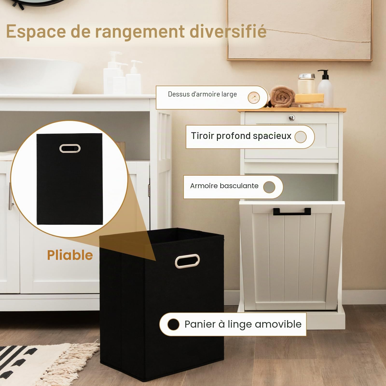GIANTEX Meuble Salle de Bain avec Panier à Linge, Meuble Linge Salle avec Tiroir, Plateau en Bambou, Poignée, Sac à Linge Amovible 38 L, Armoire Toilette sur Pied Charge 50 KG, 40 X 37 X 82 CM (Blanc)