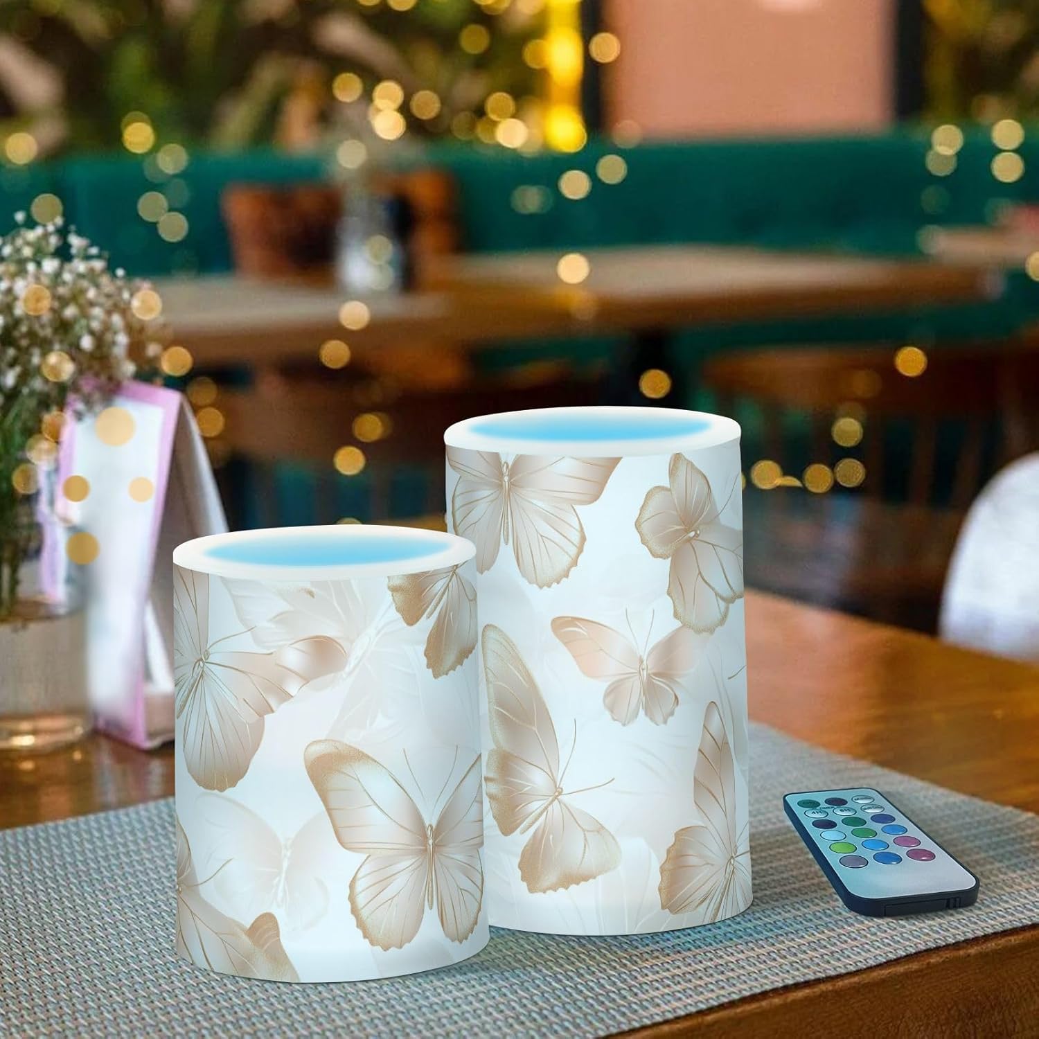Butterfly Valentines Gold Battery flameless Candles Set Electronic Lights Windproof Remote Control for Easter Small Battery Operated 2-Piecing Set