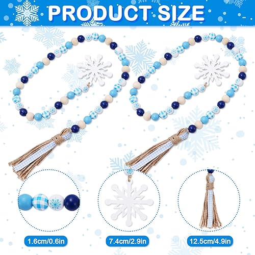 Miniatura 2 de Whaline 2 guirnaldas de cuentas de madera de invierno con colgantes de copo de nieve, cuadros de búfalo azul y blanco, adorno rústico para colgar en