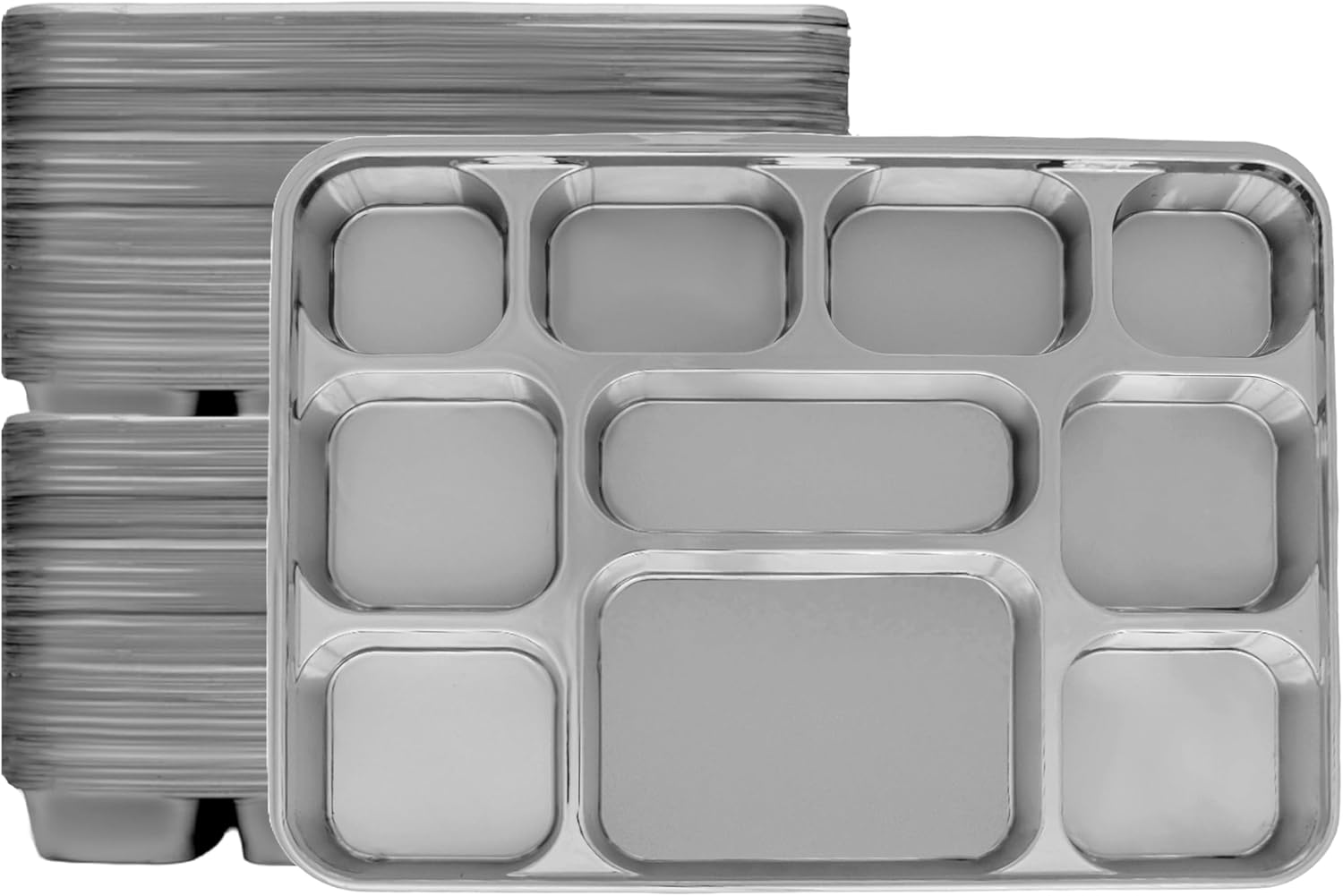 10 Compartment Silver Party Thali Plates (100 Pack)