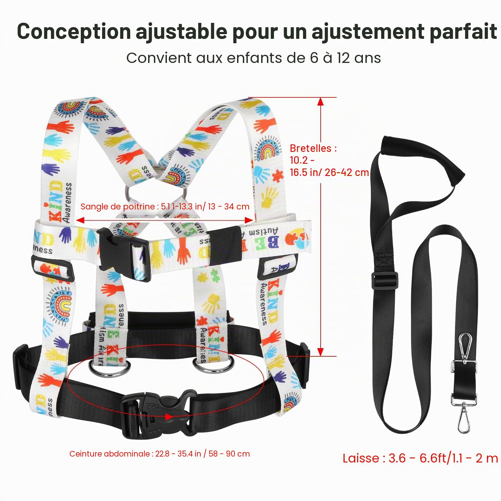 Harnais de marche et laisse de sécurité pour enfants autistes et besoins spéciaux avec sangle facile à régler + poignée d'urgence