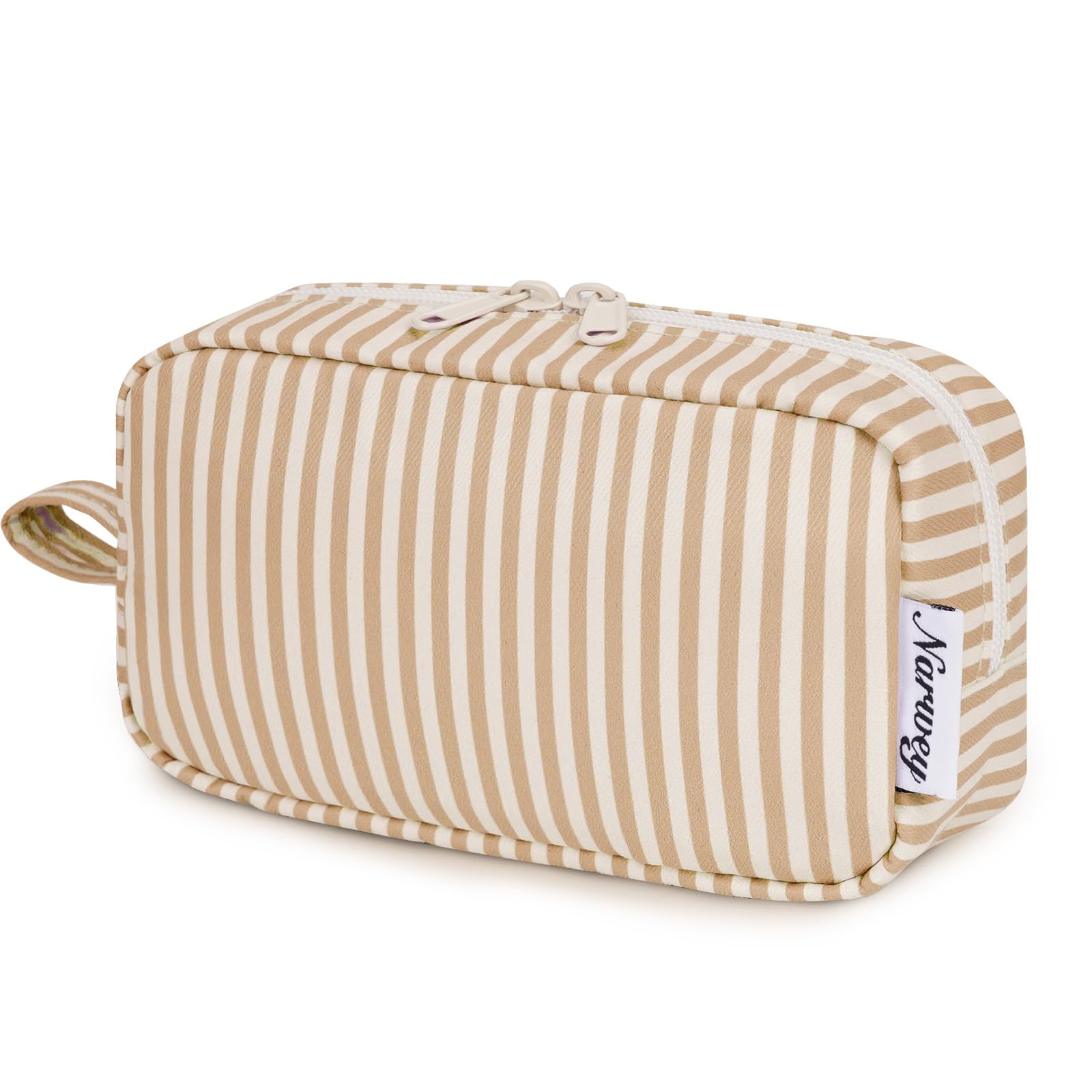 Narwey Small Makeup Bag for Purse Travel Makeup Pouch Mini Cosmetic Bag Zipper Pouch for Women (Brown Stripe, Small)