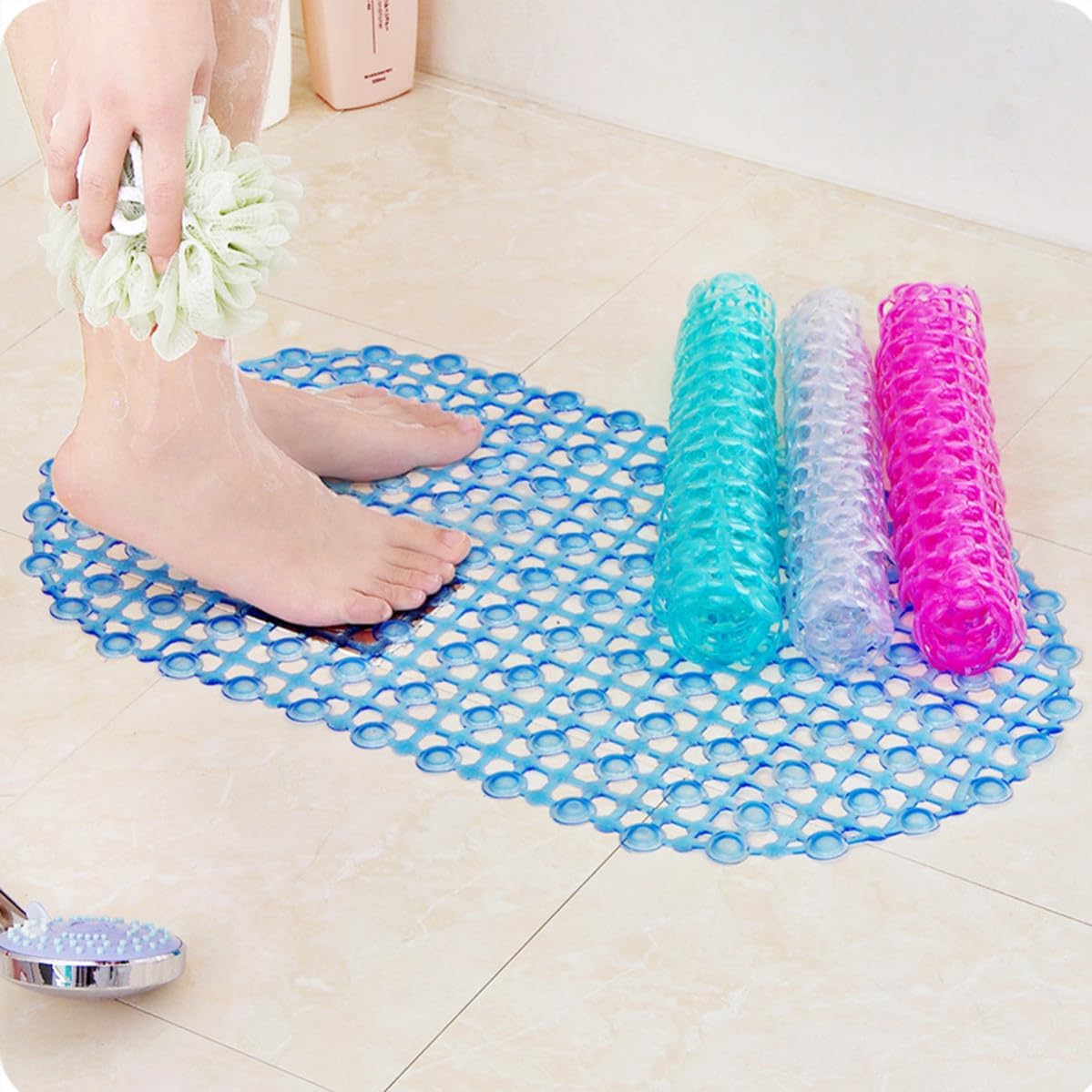Oval PVC Shower Stall Mat, 37x67cm, Blue Waterproof