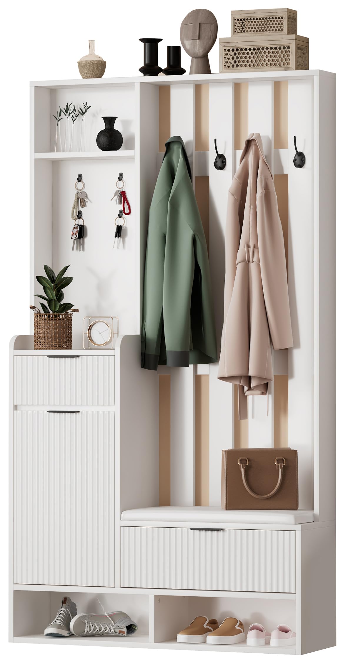 Portemanteau avec Système Anti-basculement, Porte-vêtements avec Banc à Chaussures avec Coussin, Meuble d'entrée avec Crochets, Étagère à Manteaux/Chapeaux/Sacs (Blanc)