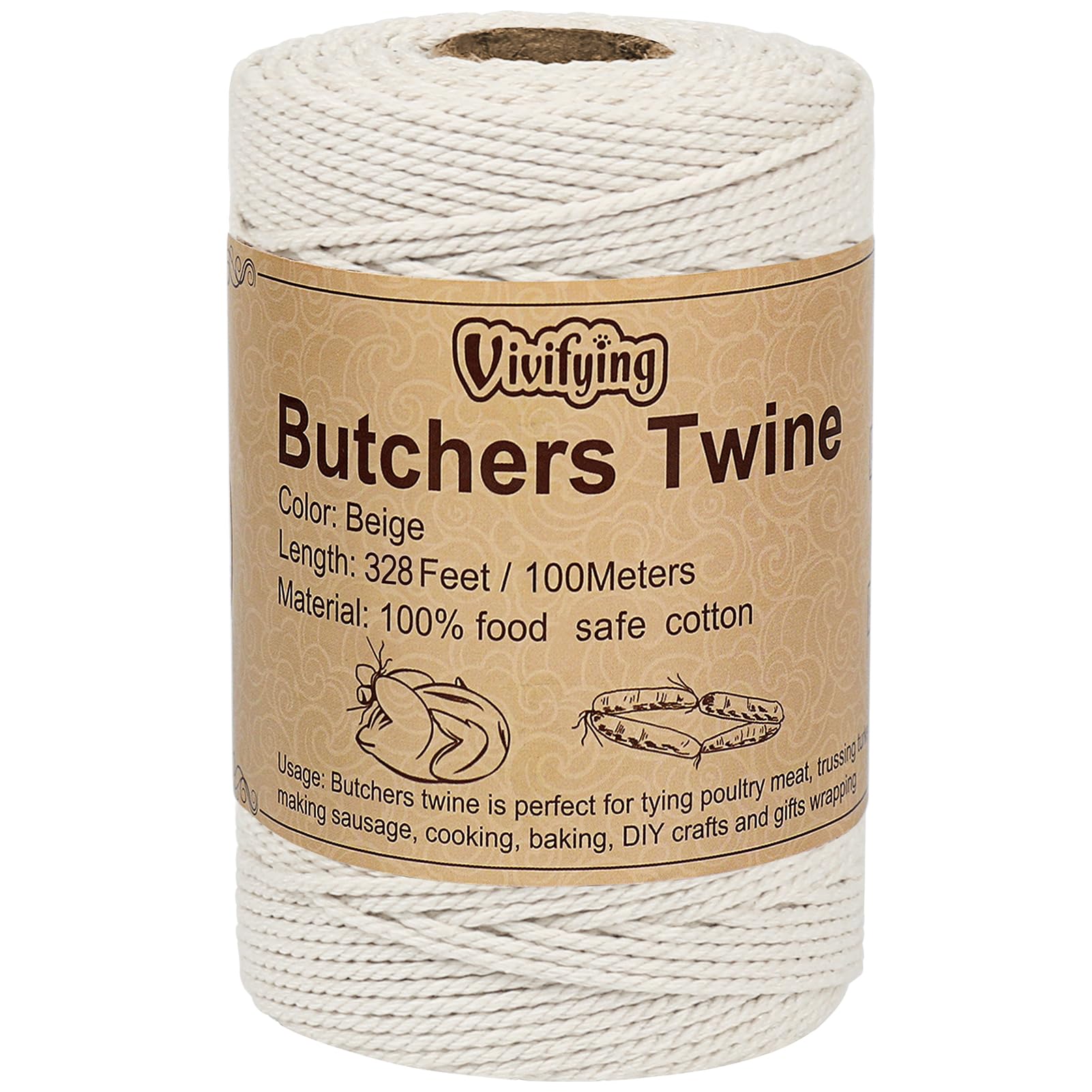 Vivifying Butchers Twine, 328 Feet 2mm Food Safe Cotton Bakers String for Tying Meat, Making Sausage, Trussing Turkey, Roasting, Cooking and Packing(Beige)