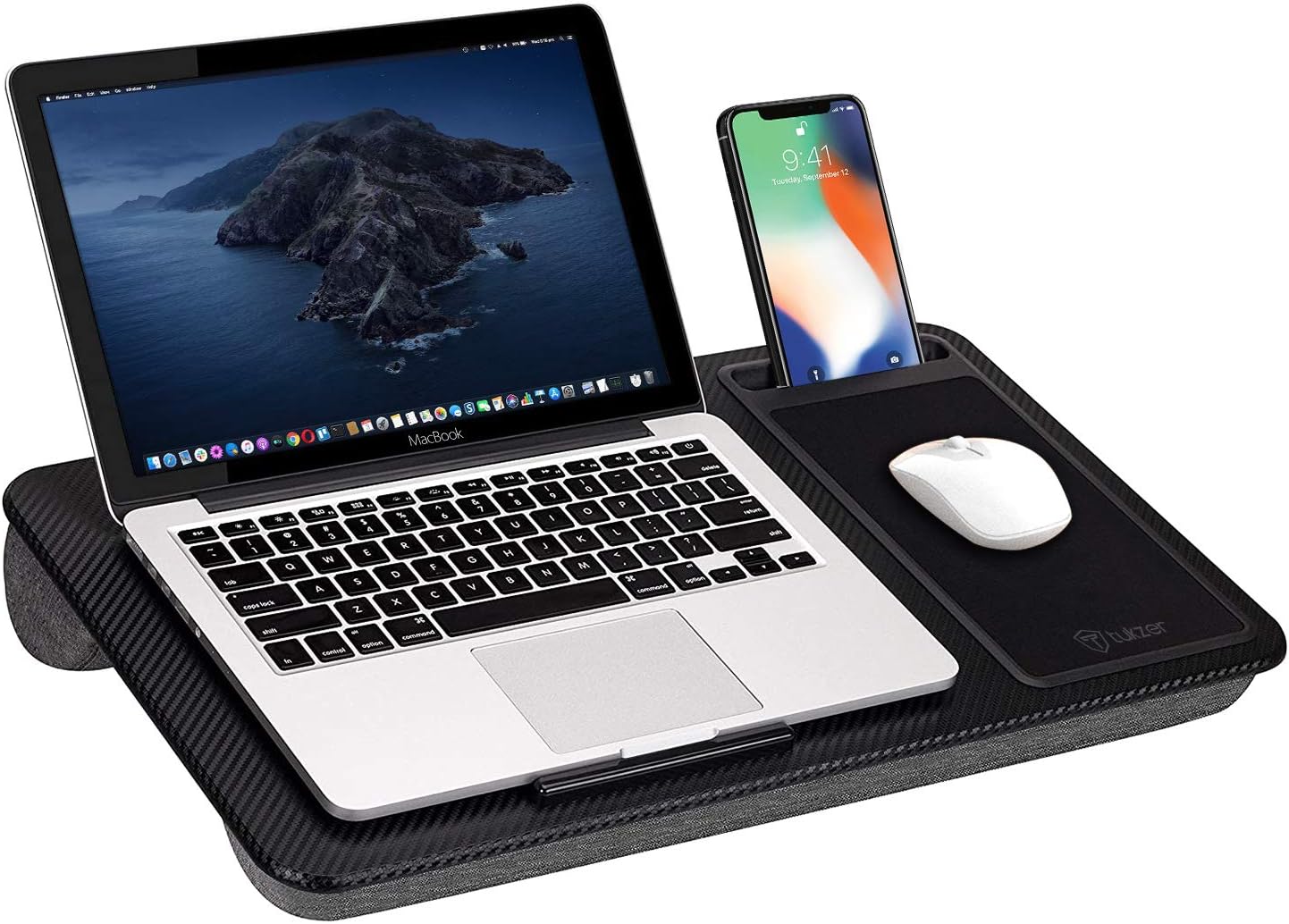 Tukzer Lap Desk Fits up to 17-Inch Laptop Angled Pillow Cushion with Built-in Mouse Pad & Phone Holder(Carbon Fiber)