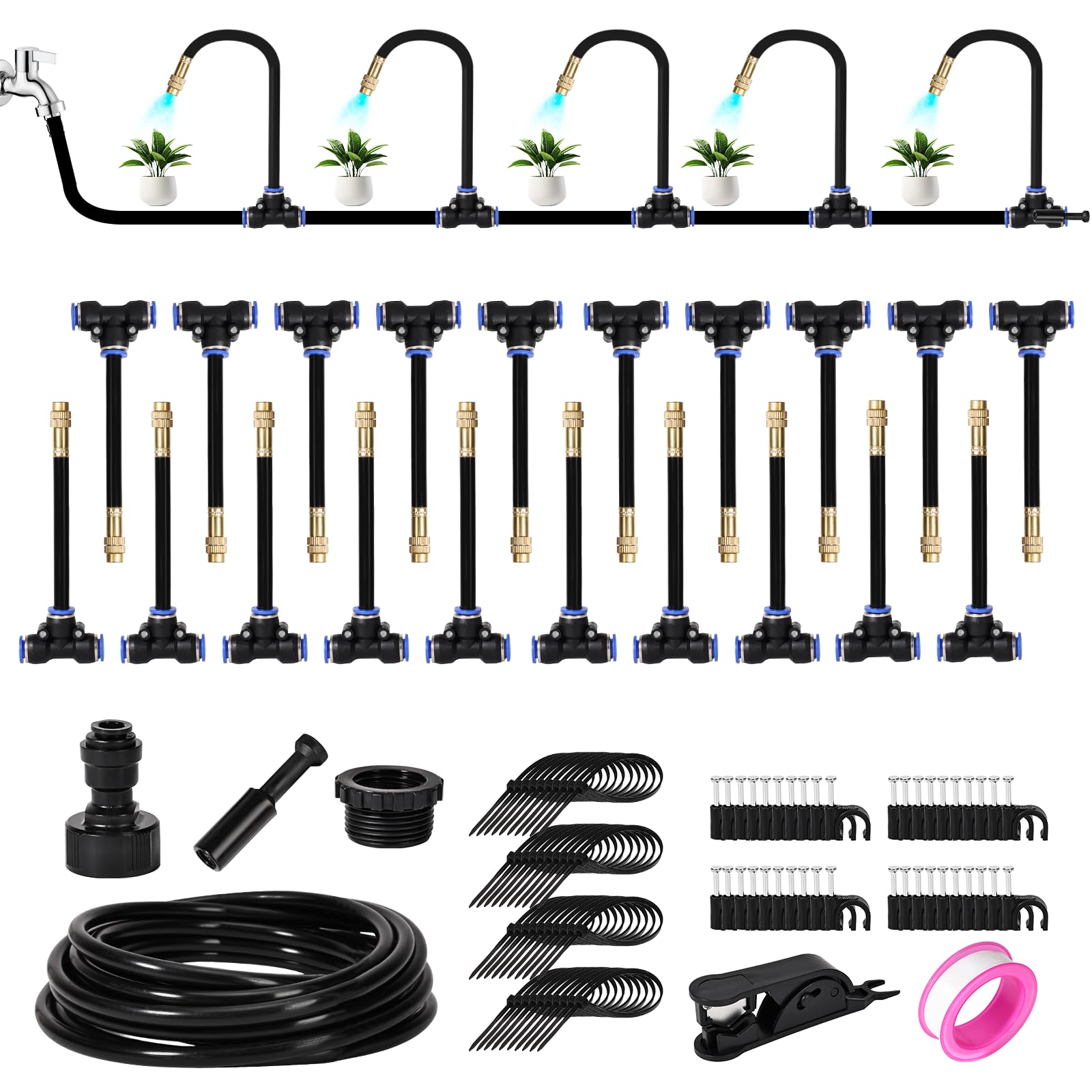 Sistema di irrigazione, irrigazione a 360°, a risparmio energetico, per giardino, serra, balcone, giardino, aiuola rialzata e fioriera (tubo 20 m)