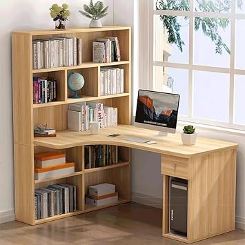 Wood L-Shaped Desk with Top Shelf, 47" Corner Computer Drawer - Modern Writing/Study Desk, Home Office Workstation Furniture with Storage Shelf