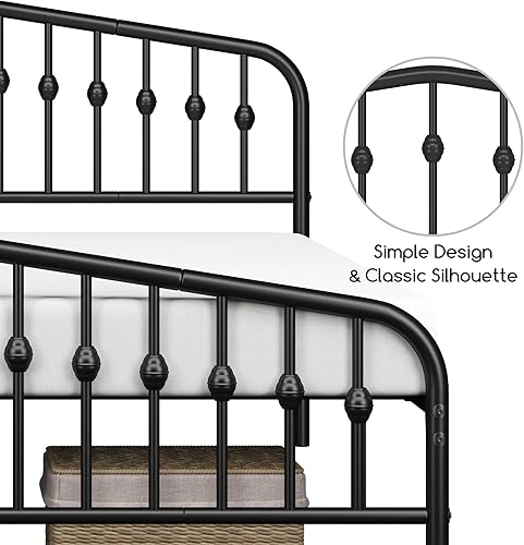 Miniatura 5 de Yaheetech Marco de cama de metal tamaño King con cabecera de estilo victoriano, estribo, fácil montaje, no necesita somier, color negro