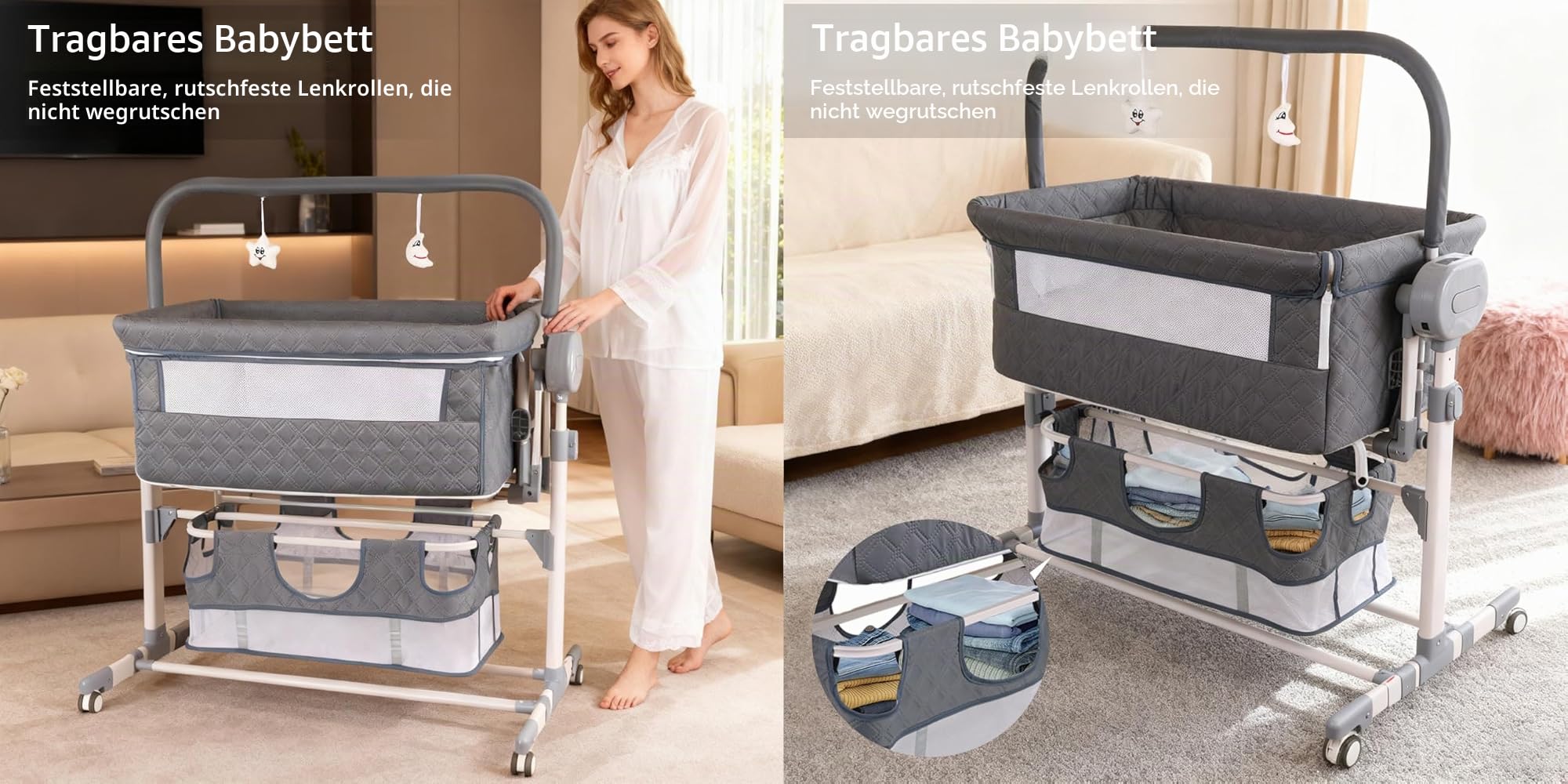 Magic ZC Elektrische Bluetooth Intelligent Beistellbett Baby mit Rollen, Faltbar Co-Sleeping Babybett, Fernbedienung und 5-schwankende Zahnräder, Stubenwagen Kleinkind Wiege mit Musik (608 Khaki)