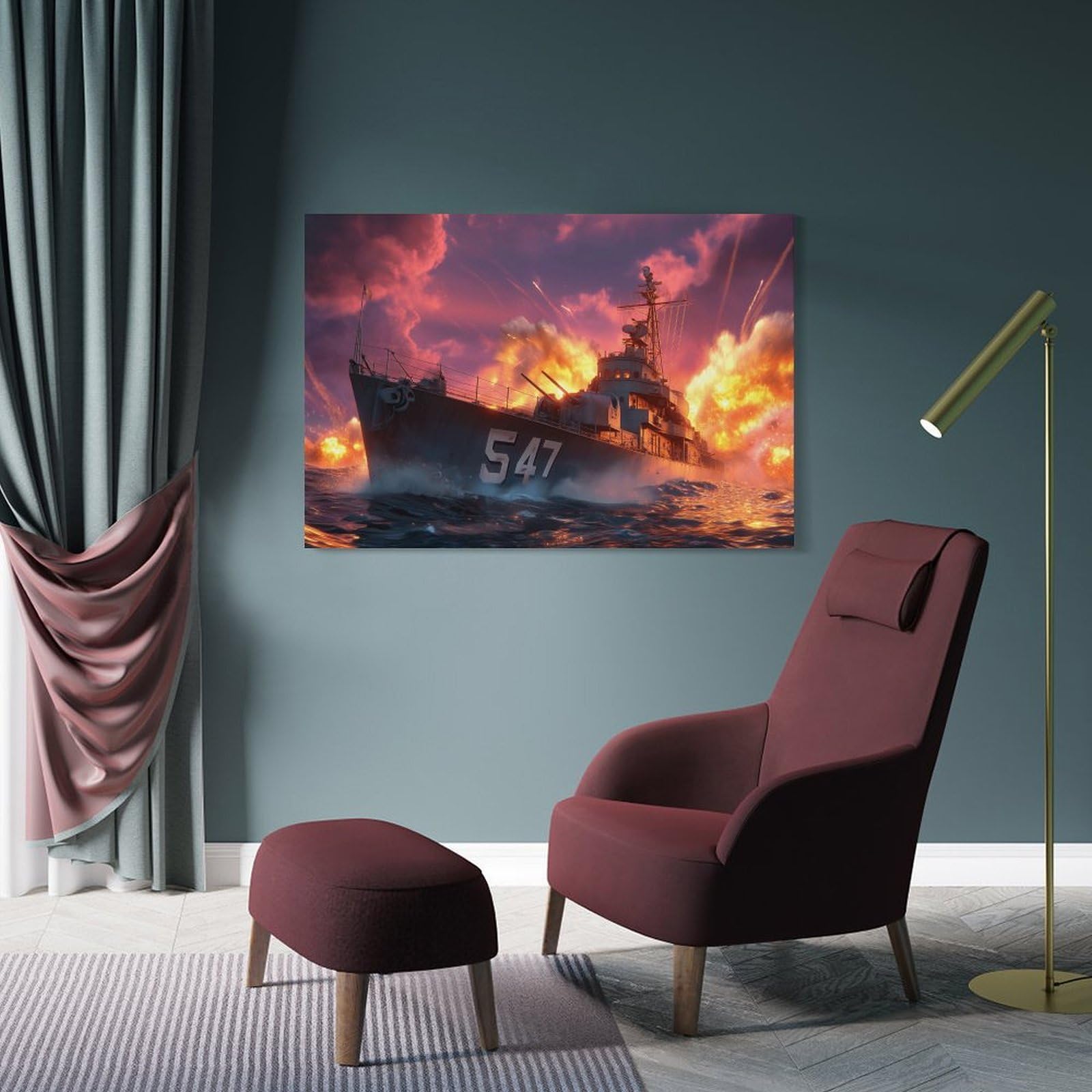 Junmoney Frame-Style-7 Warship Battle Scene Canvas Wall Decor 24X36inch(60X90cm), For Bedroom Walls, Guest Spaces Or Lounges, A Warm Accent For Relaxed Interiors