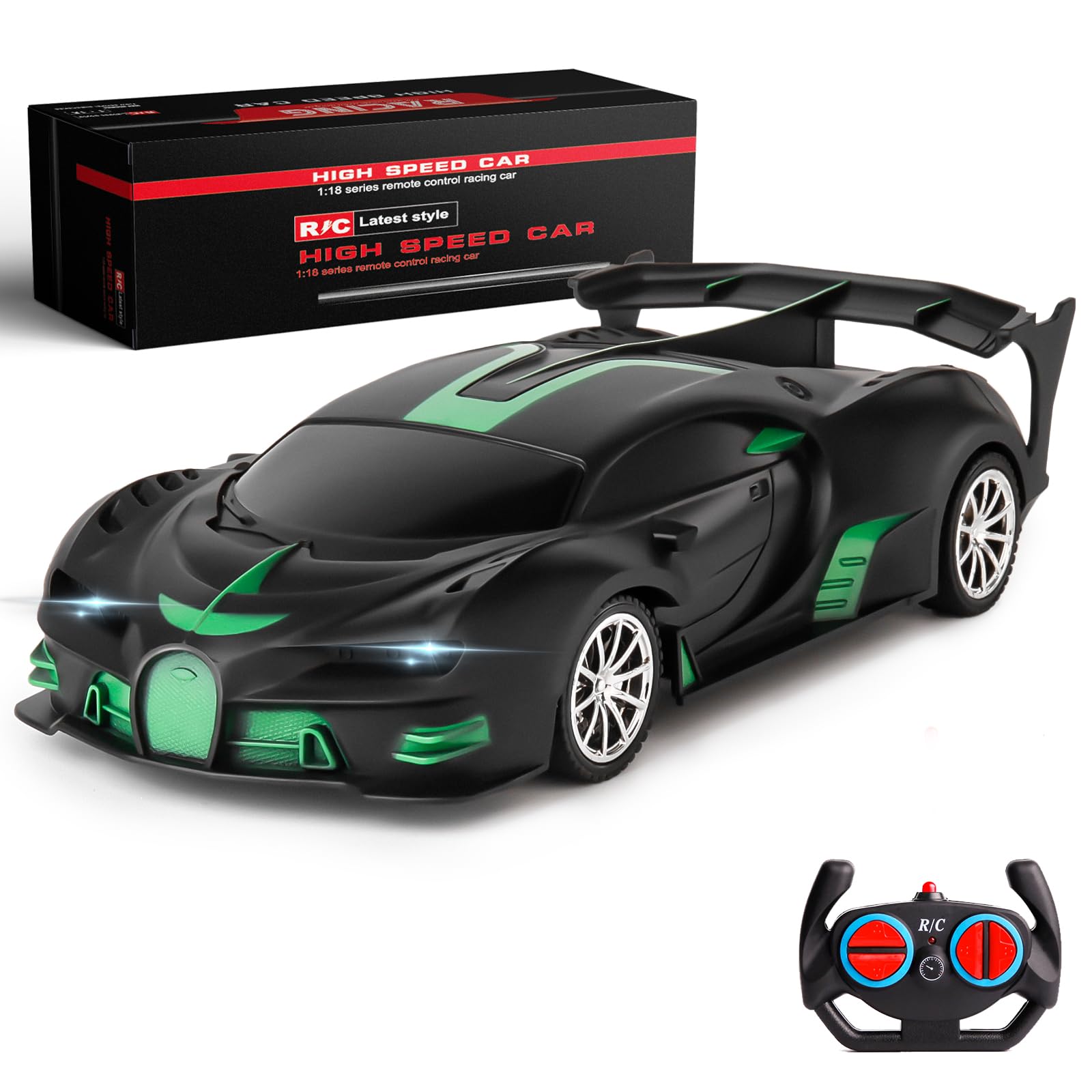 KULARIWORLDRemote Control Car 1/18 High Speed RC Cars Toys for Boys Girls Vehicle Racing Hobby with Headlight Xmas Birthday Gifts for Kids (Green Black)