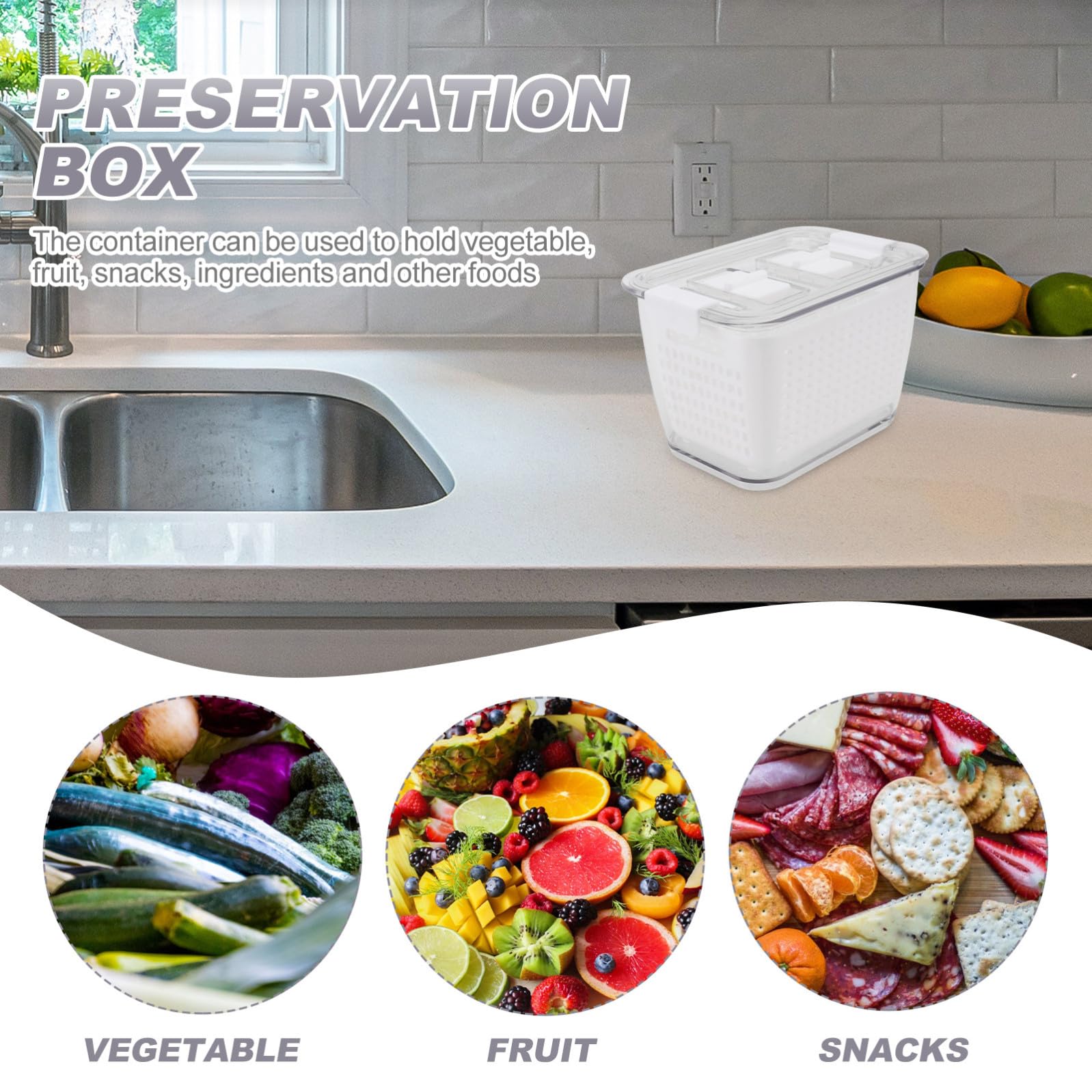 Contenitori per Alimenti in Plastica Bianca Struttura di Drenaggio e Chiusura Ermetica Set 3 Pezzi per Conservazione Frutta e Verdura Frigorifero in Cucina