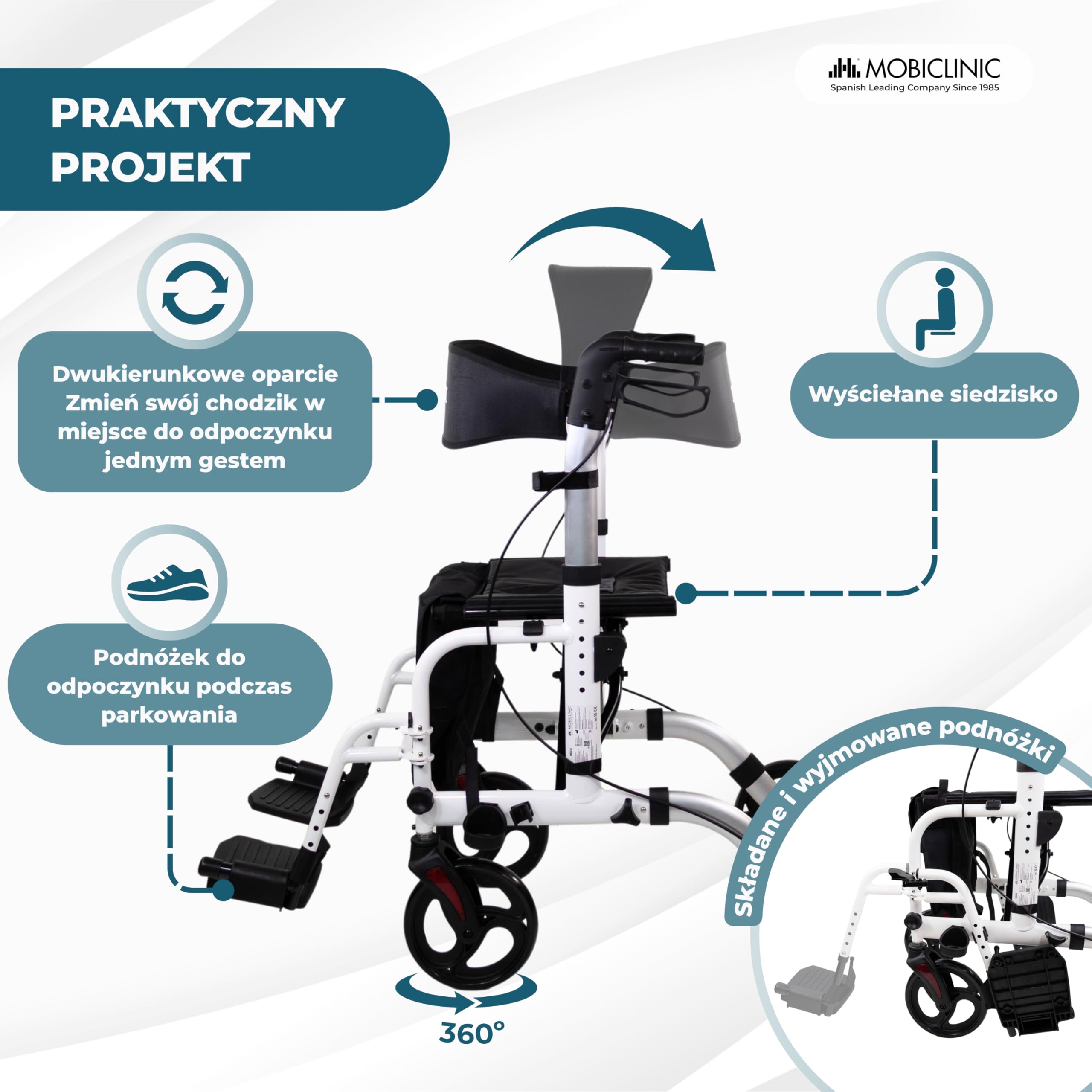 Mobiclinic®, Składany Chodzik z Podnóżkiem, Składany, Regulowana Wysokość, Maks. 136 kg, z Hamulcami, Odwracalne Oparcie, Kółka 360º, Torba, Uchwyt na Laskę, Ibiza