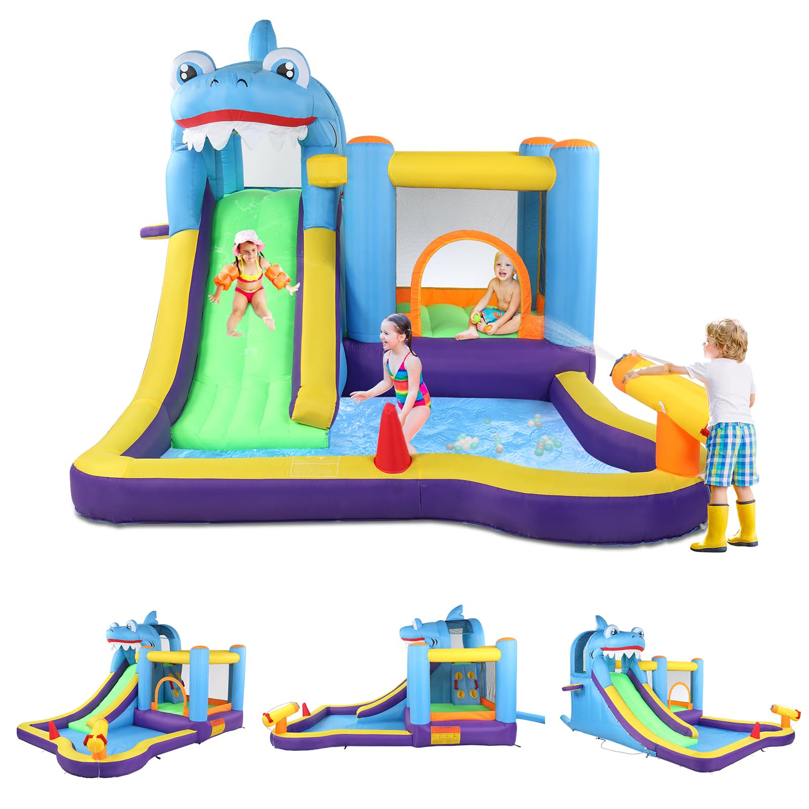 LEADZM Hüpfburg mit Gebläse, Aufblasbare Wasserpark mit Hai-Thema, mit Trampolin, Rutsche, Schwimmbecken, Wasserpistole, Geeignet für 3 Kinder im Alter von 3 bis 10 Jahren, 380x260x240 cm