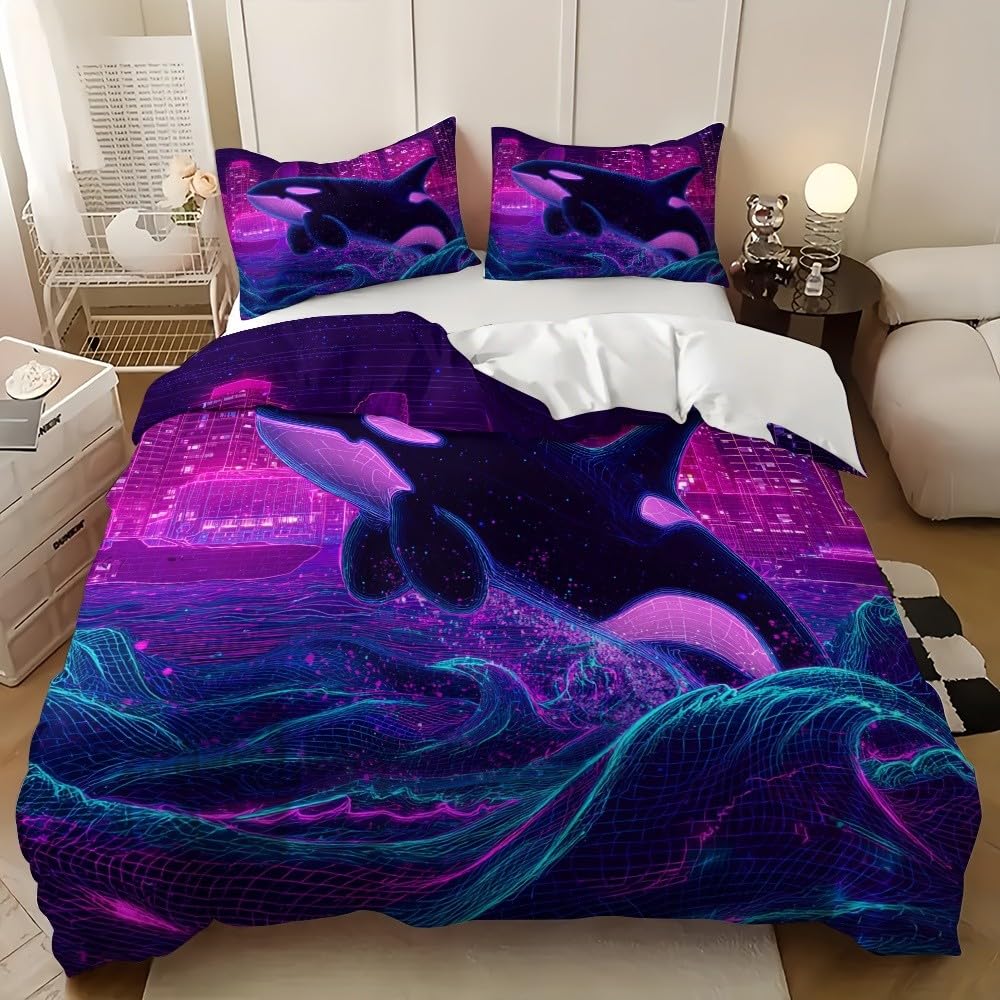 Miękka Mikrofibra Neony Mordercze Fale 155 x 200 cm Wygodne i oddychające zestawy pościeli 3-częściowy Hipoalergiczne Blufioletowe poszewki na kołdry na wszystkie pory roku
