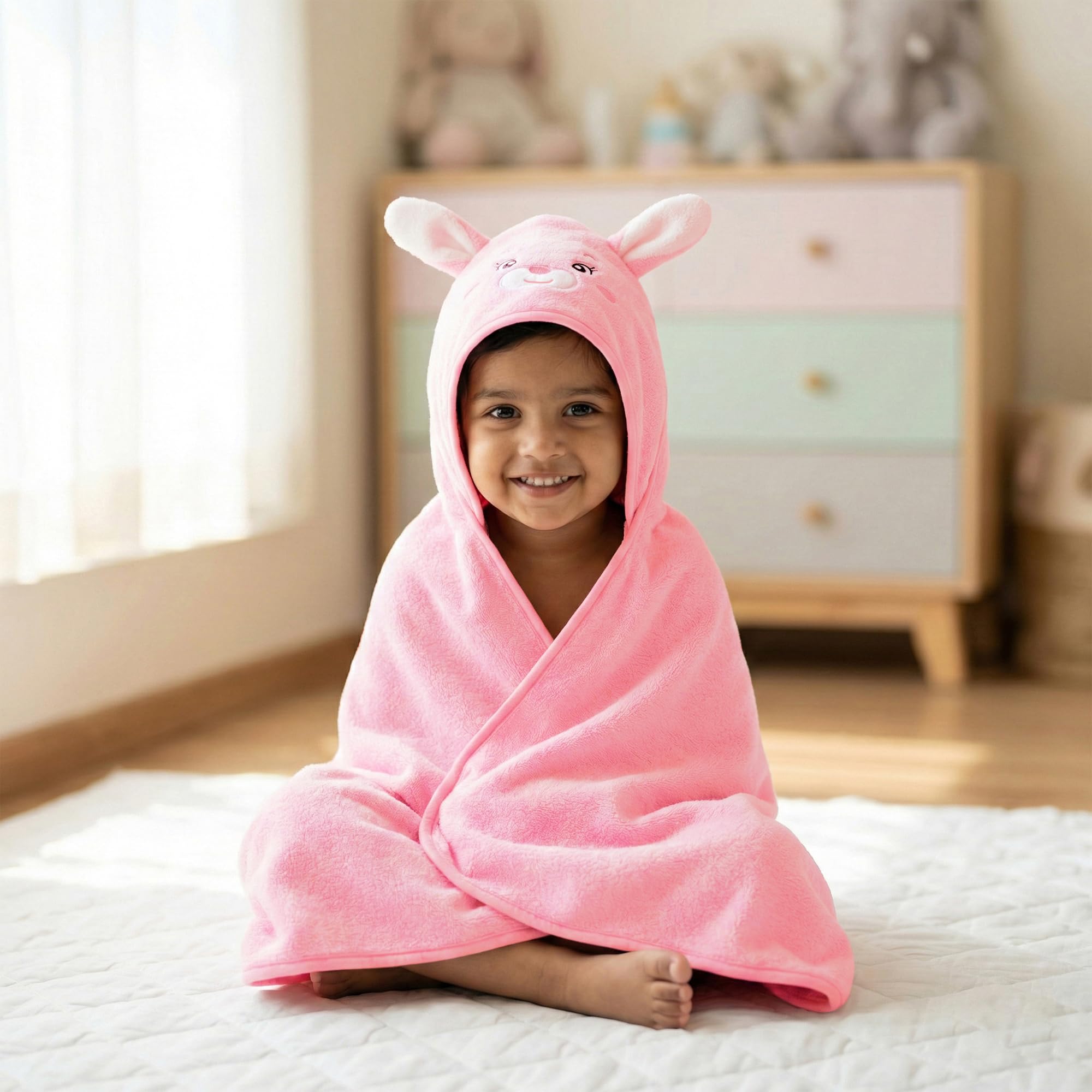 Story@Home Towel for Kids with Hood | 300 GSM (80 X 80CM) Quick Dry Kids Towel | Soft Lightweight Baby Wrap for Beach |Pool Towel for Boys & Girls |Kids Microfiber Towels for Bath - Pink - Bunny-image-44